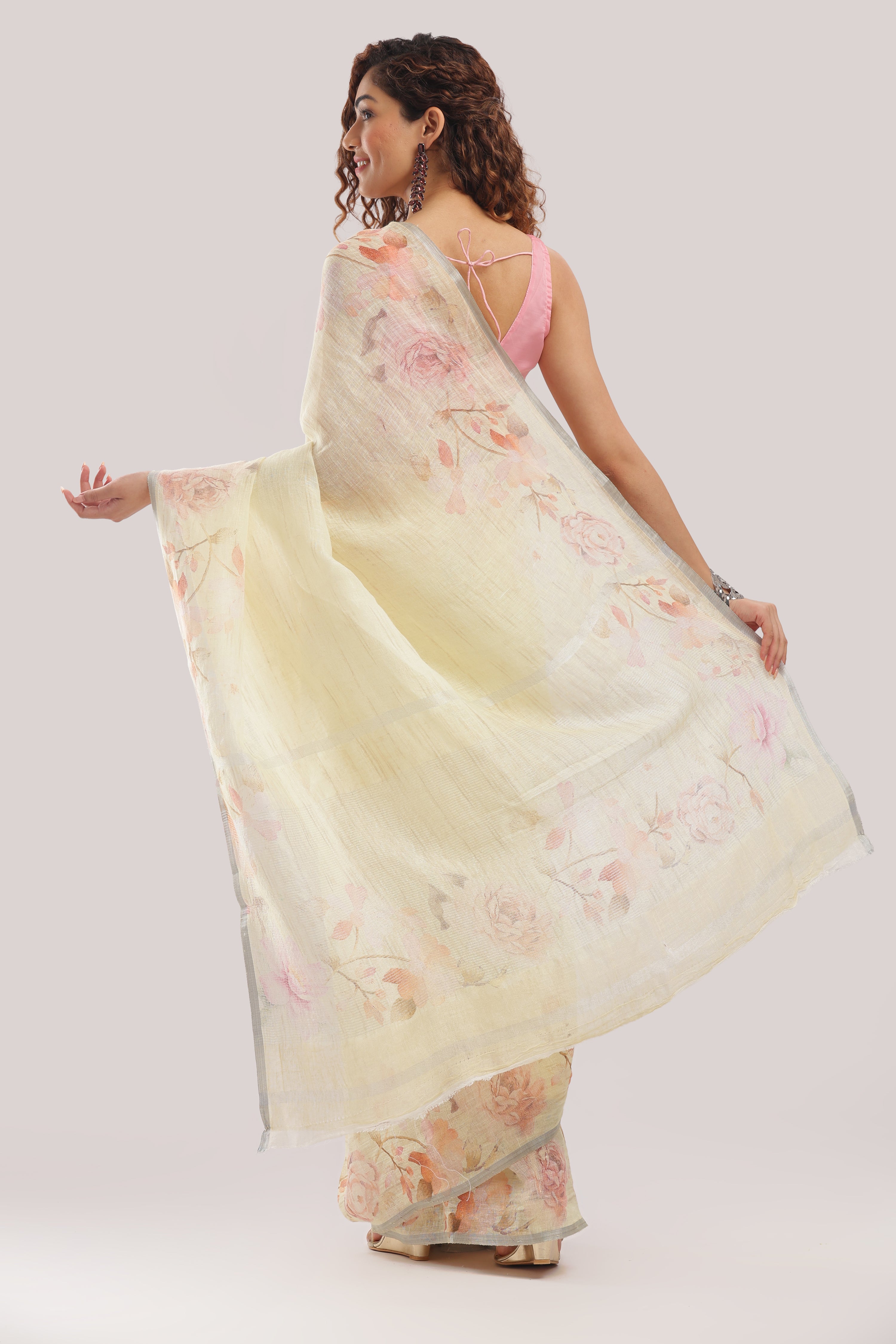 Banarasi silk linen digital printed saree - Yellow