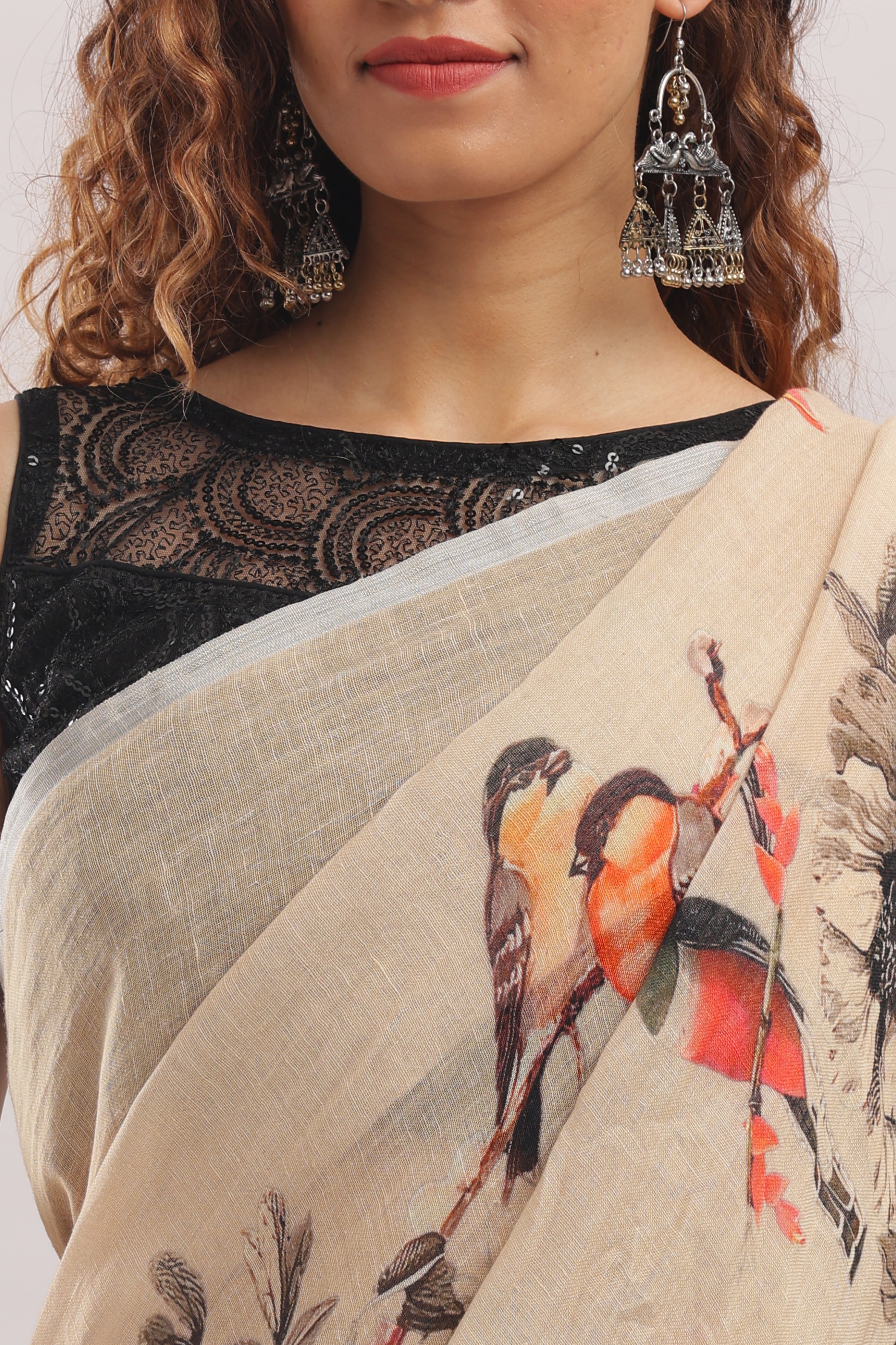 Banarasi silk linen digital printed saree - light beige