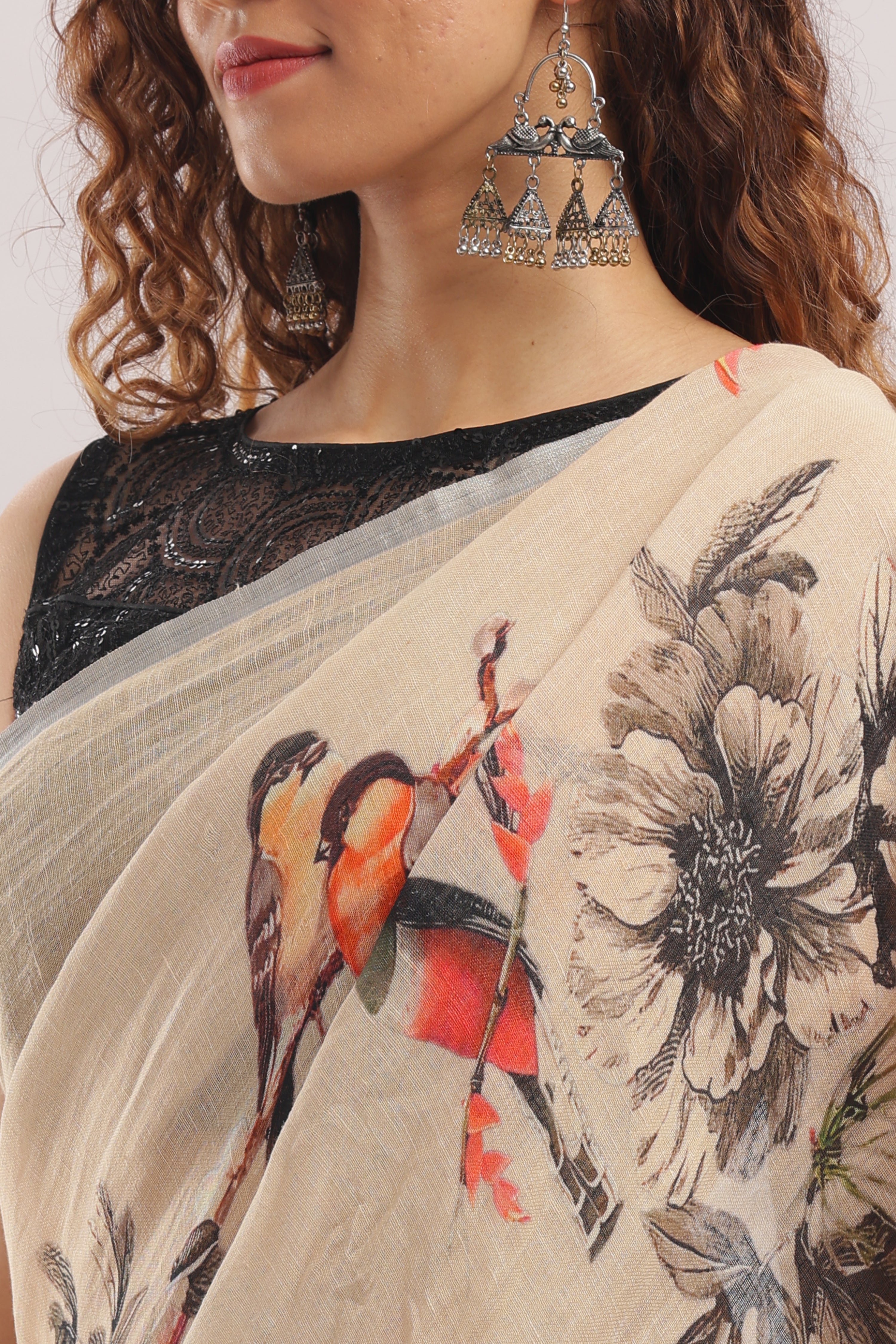 Banarasi silk linen digital printed saree - light beige