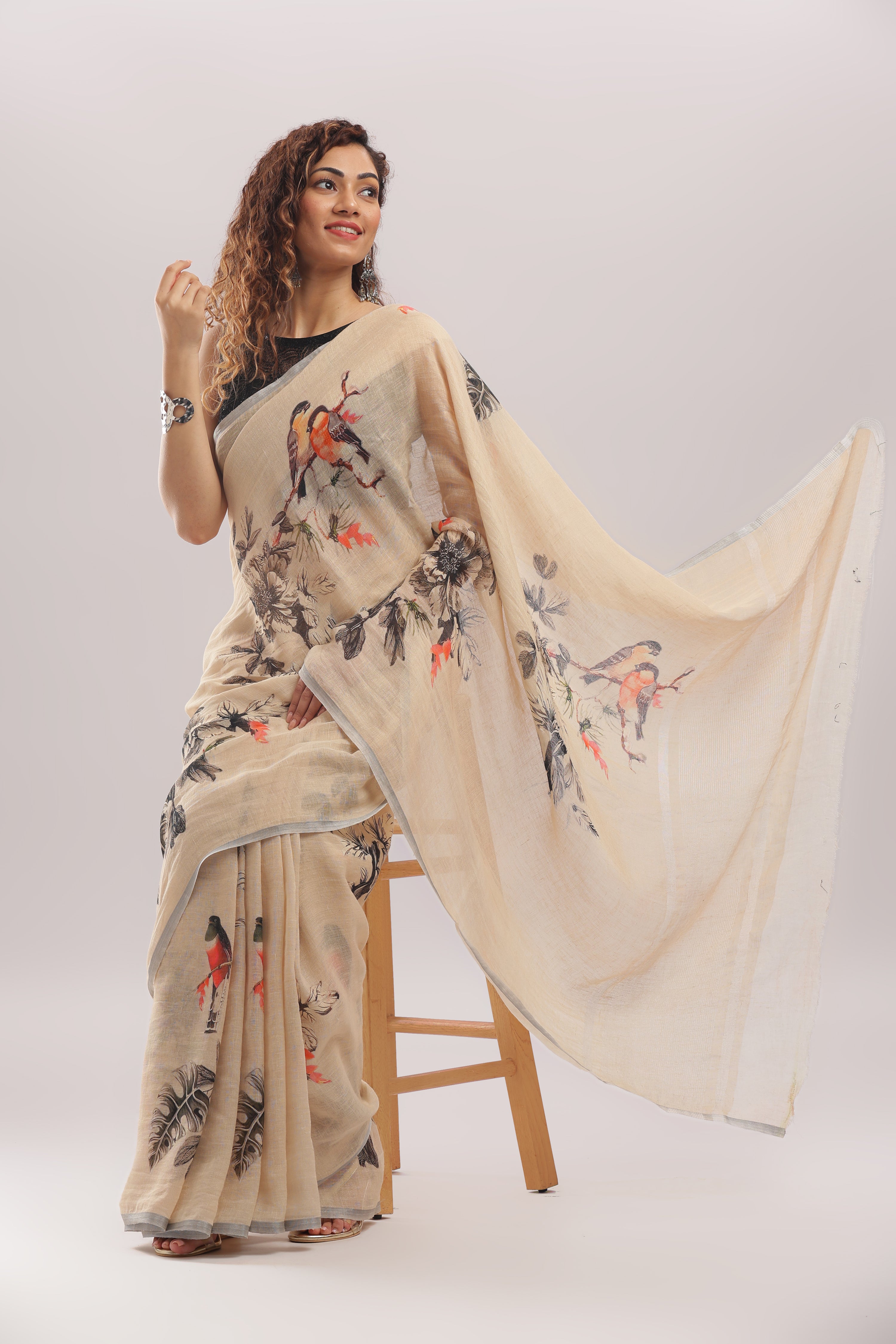 Banarasi silk linen digital printed saree - light beige