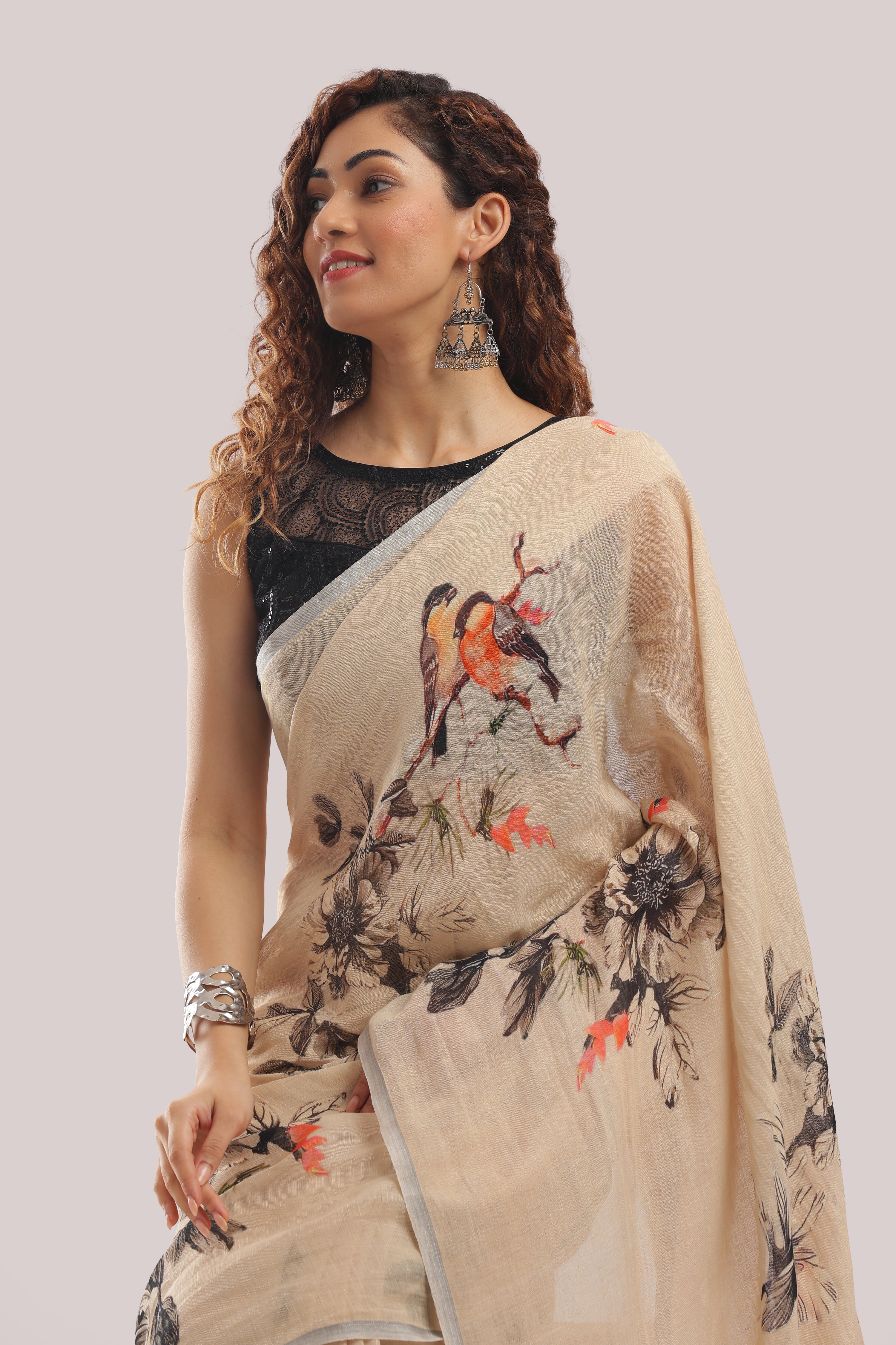 Banarasi silk linen digital printed saree - light beige