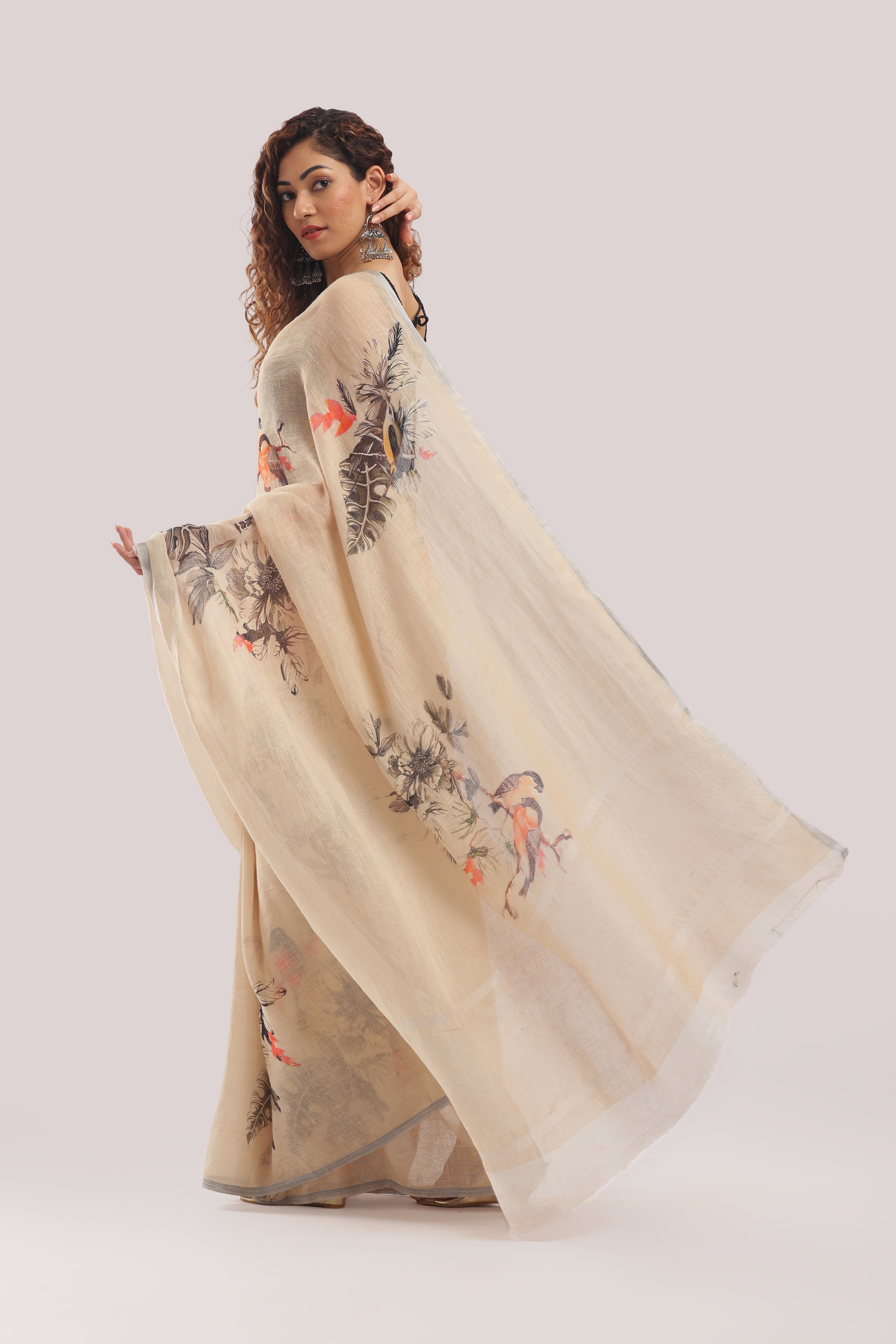 Banarasi silk linen digital printed saree - light beige