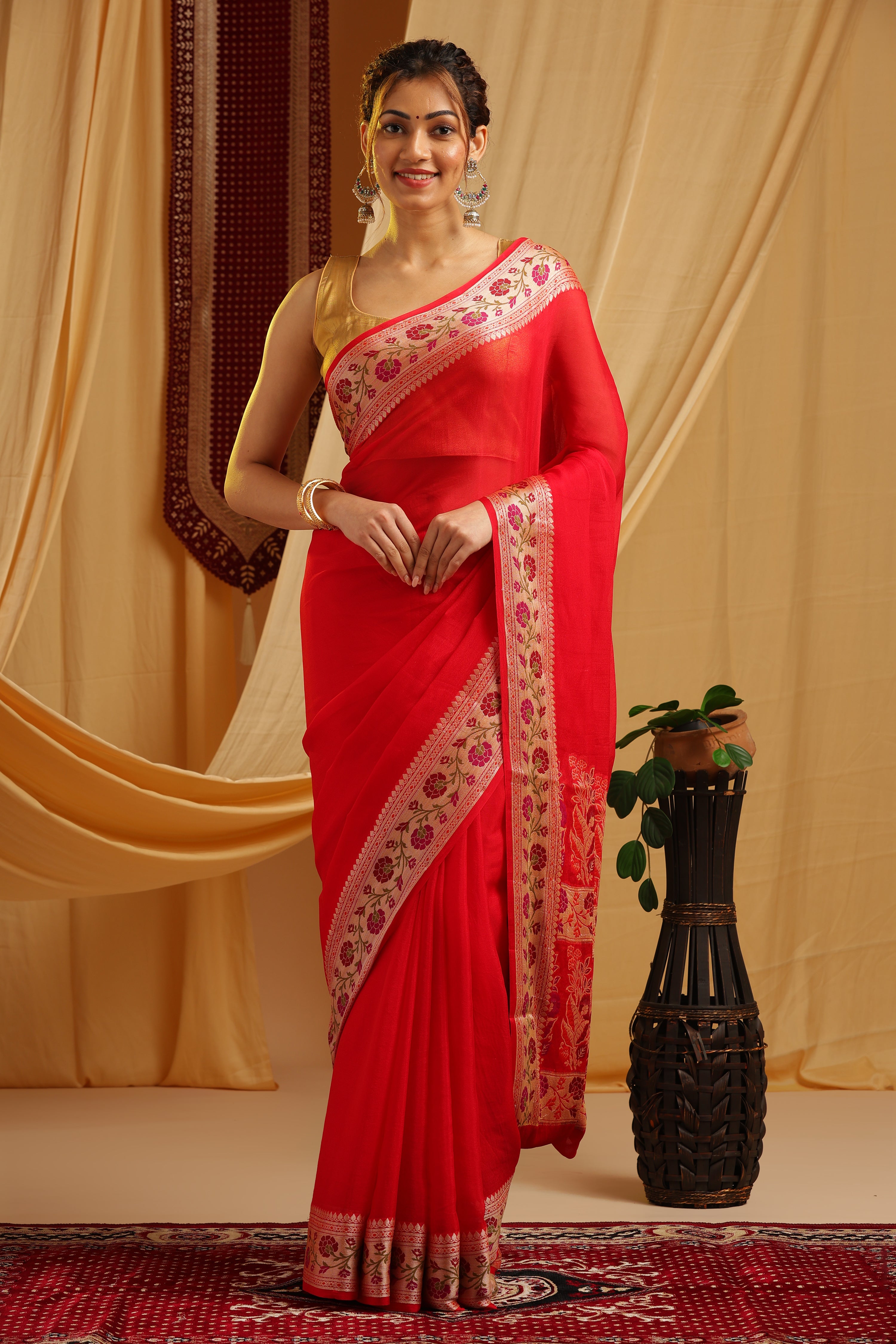 Pure Georgette Khaddi Tilfi Plain Dye Sarees - Bold Red