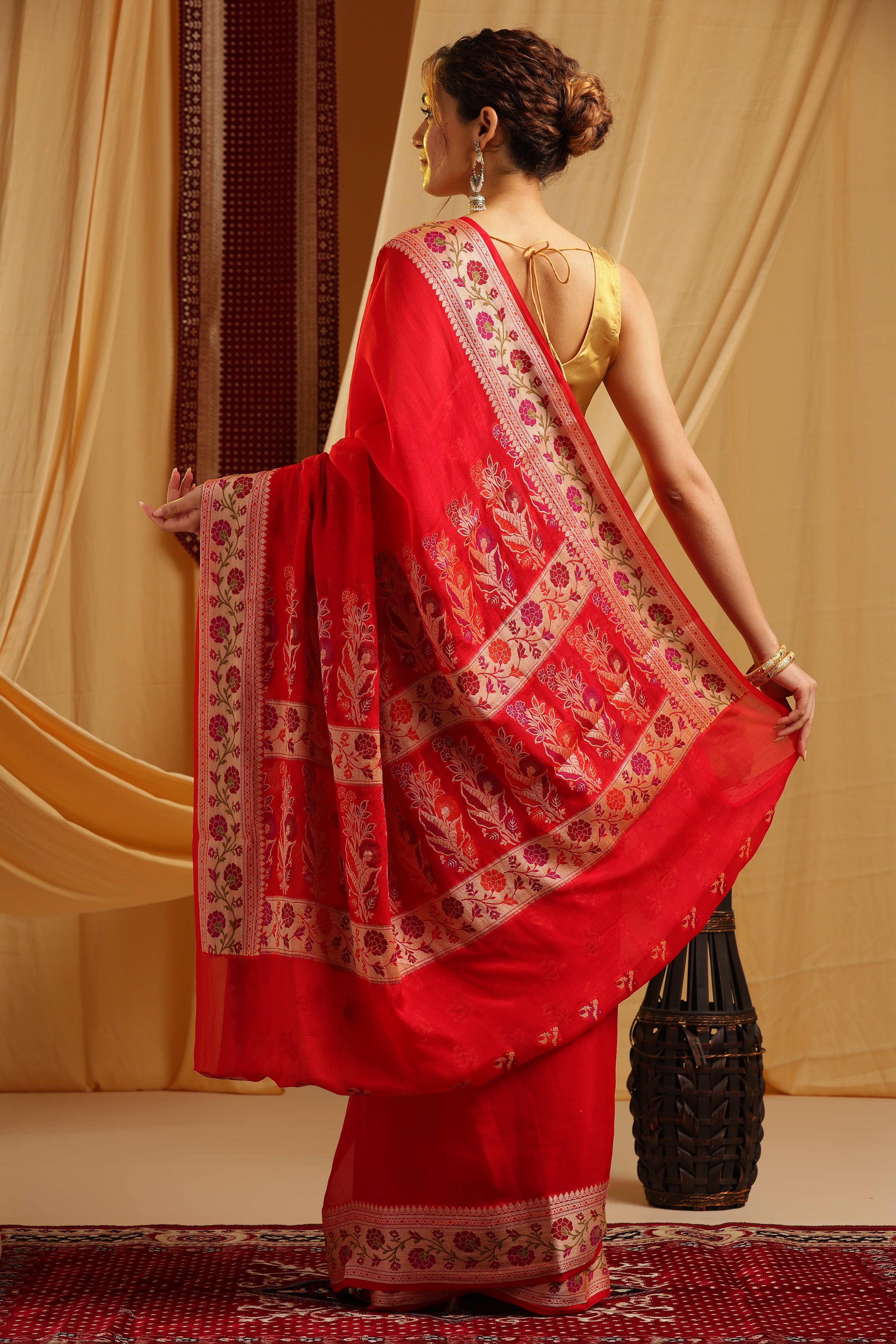 Pure Georgette Khaddi Tilfi Plain Dye Sarees - Bold Red