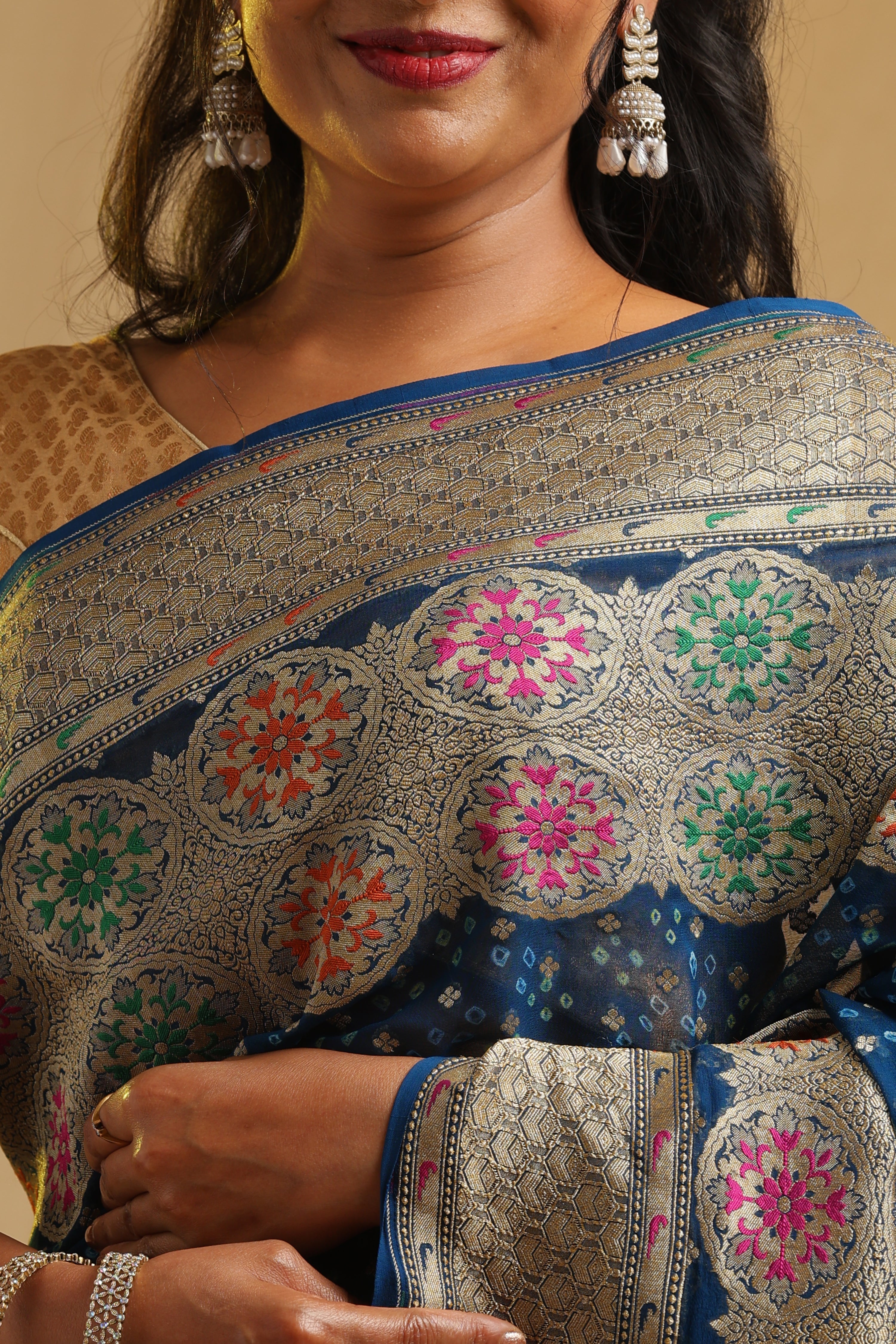 Pure Banarasi Georgette Khaddi Minakari Work Bandhej Saree - Royal Blue