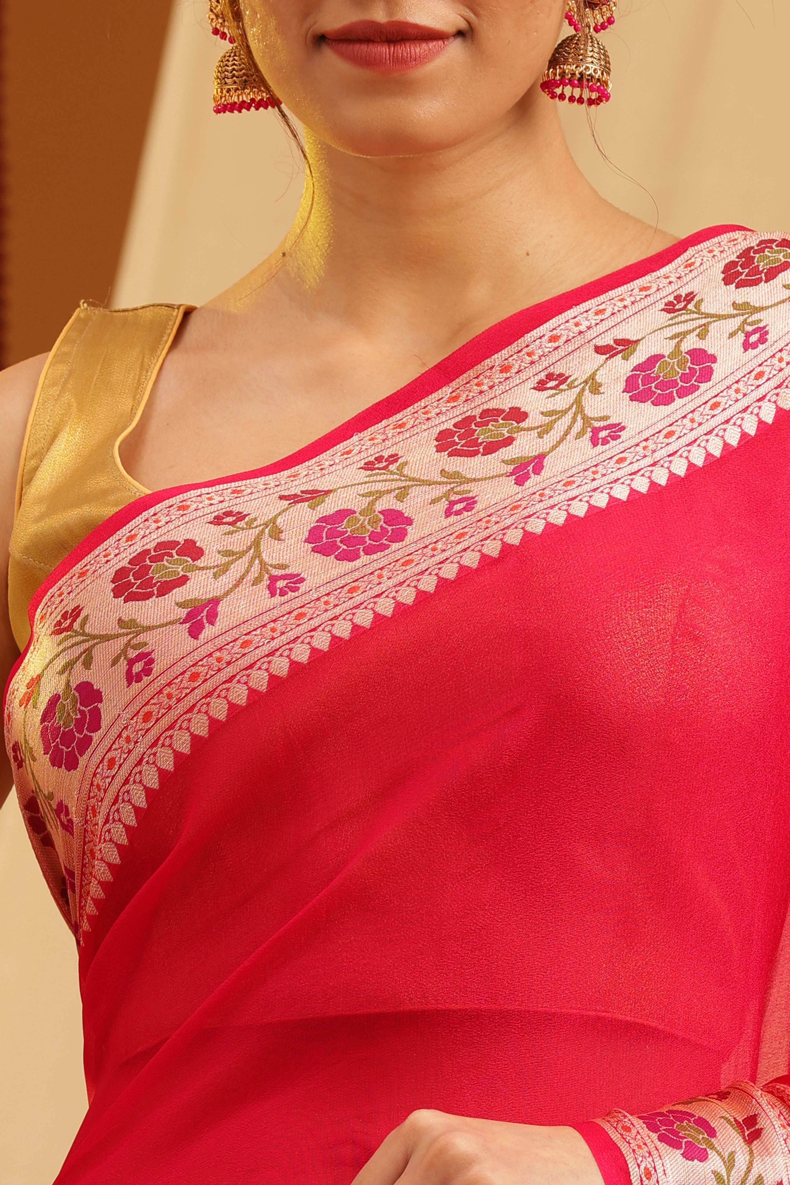 Pure Georgette Khaddi Tilfi Plain Dye Sarees - Rani Pink