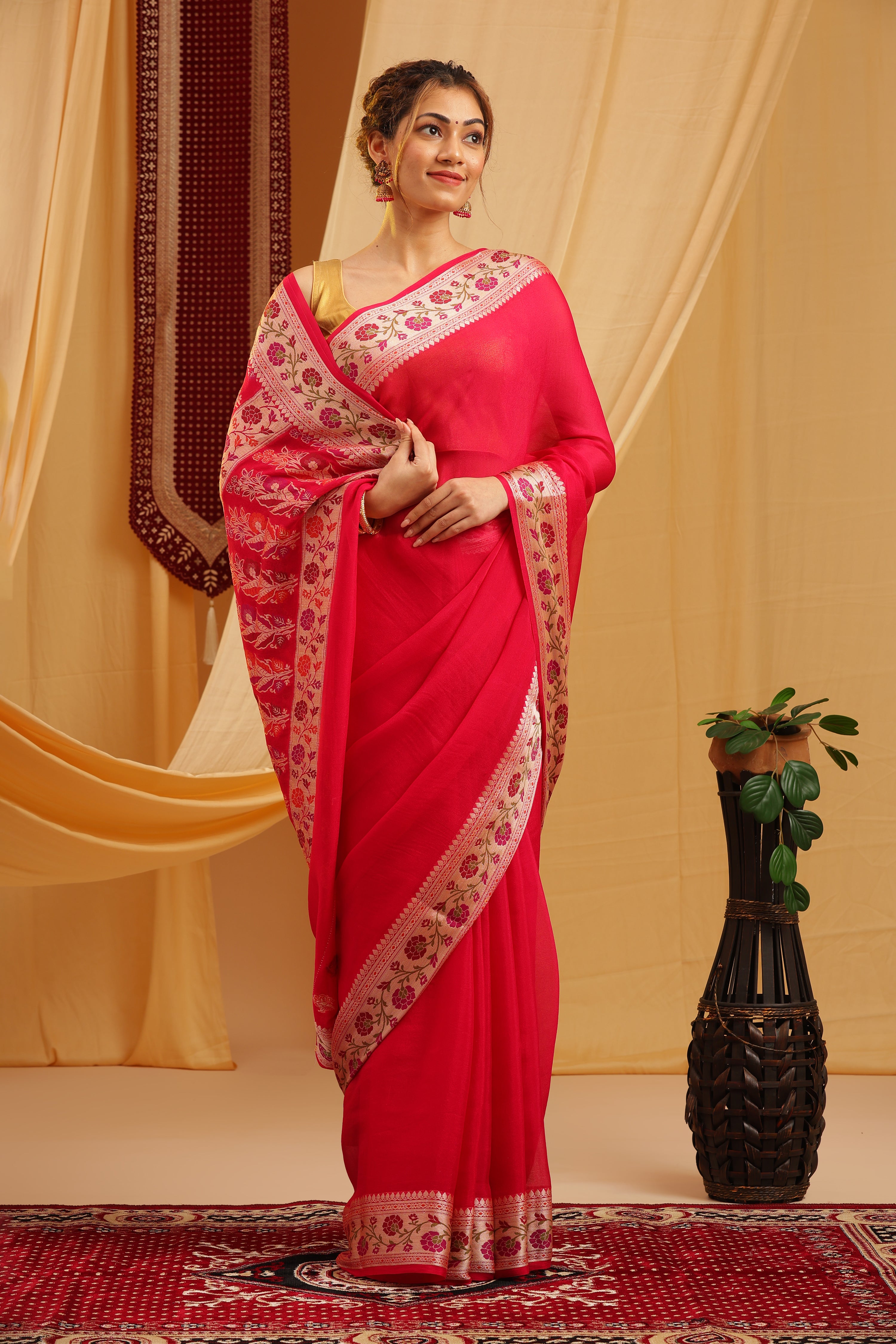 Pure Georgette Khaddi Tilfi Plain Dye Sarees - Rani Pink
