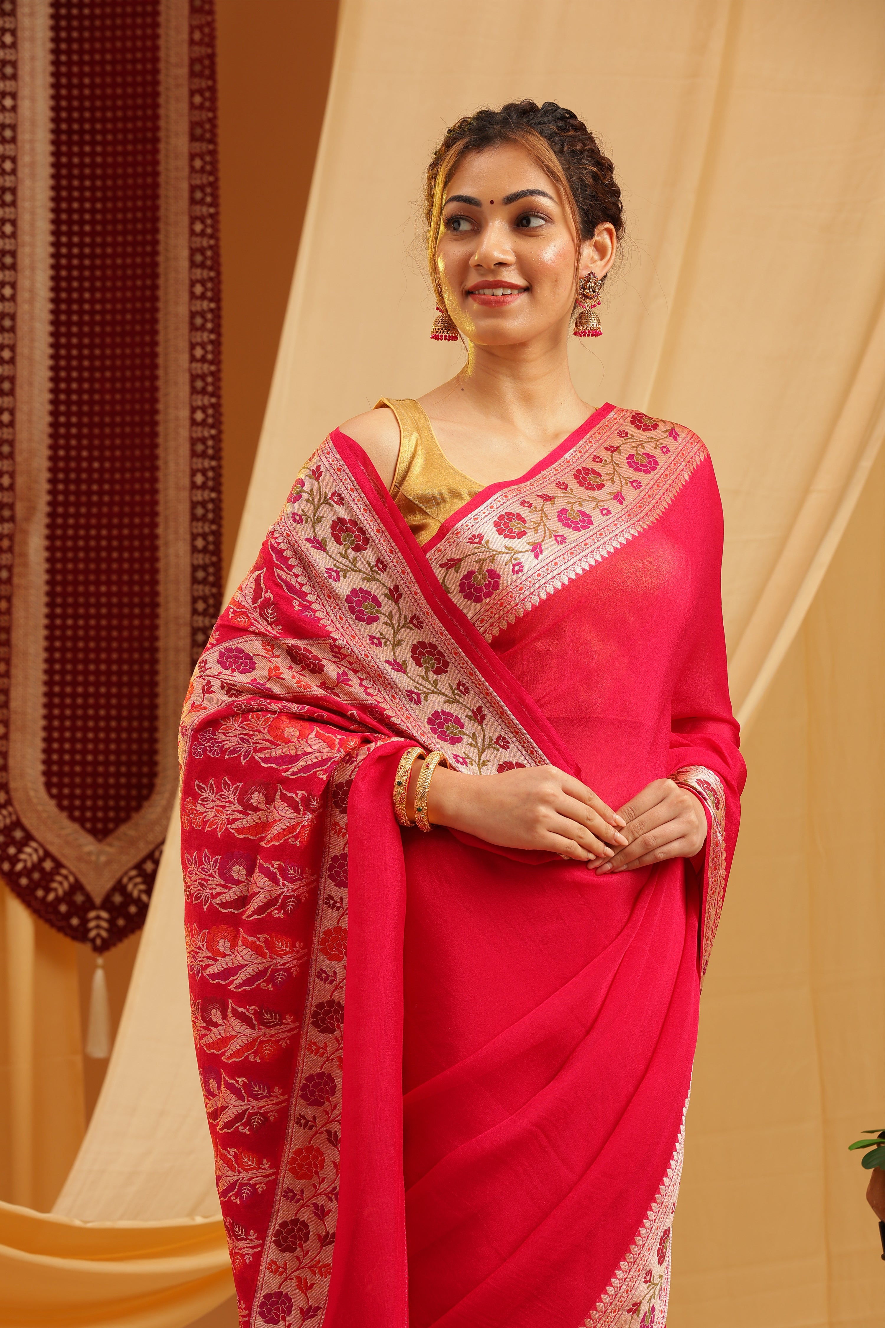 Pure Georgette Khaddi Tilfi Plain Dye Sarees - Rani Pink