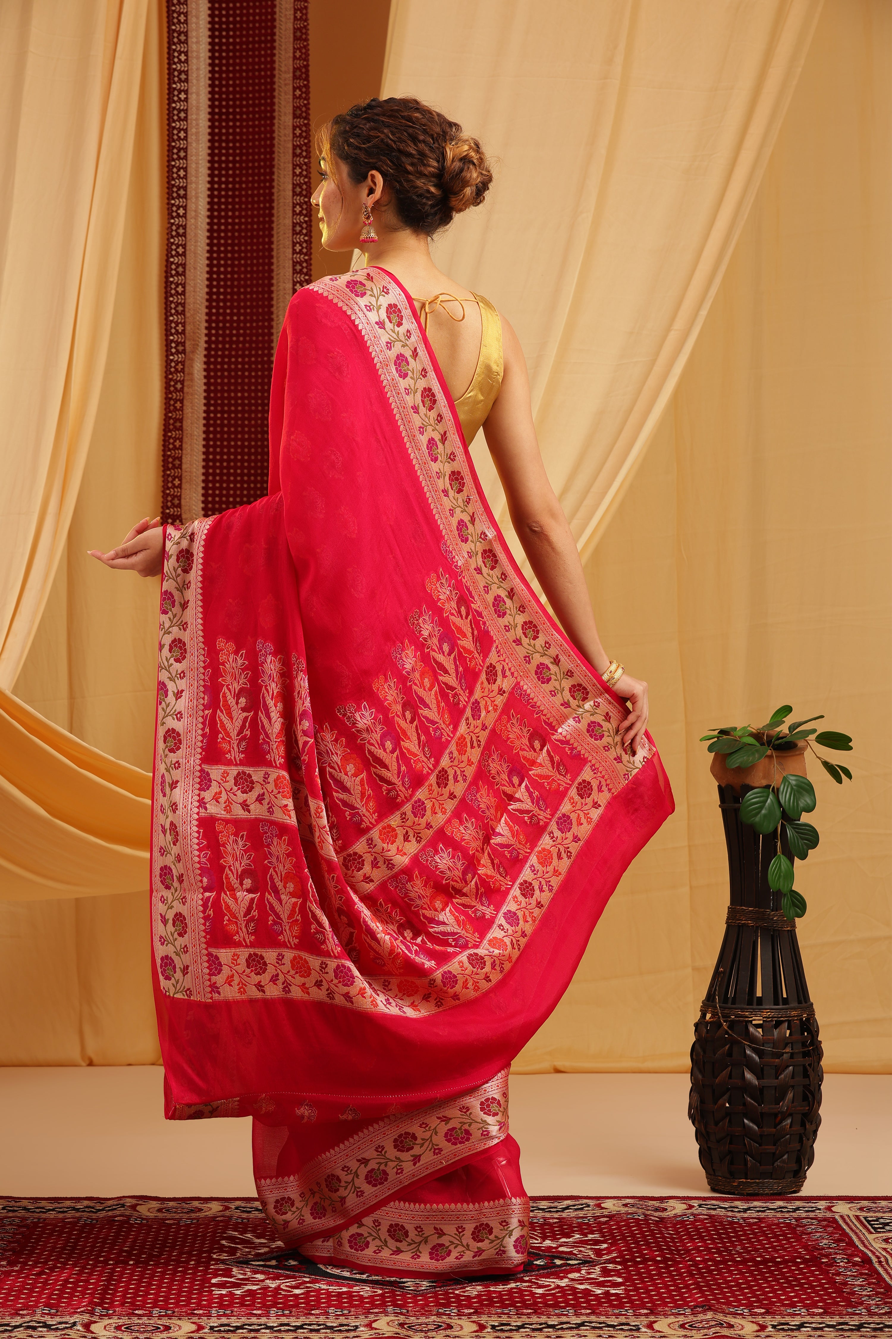 Pure Georgette Khaddi Tilfi Plain Dye Sarees - Rani Pink