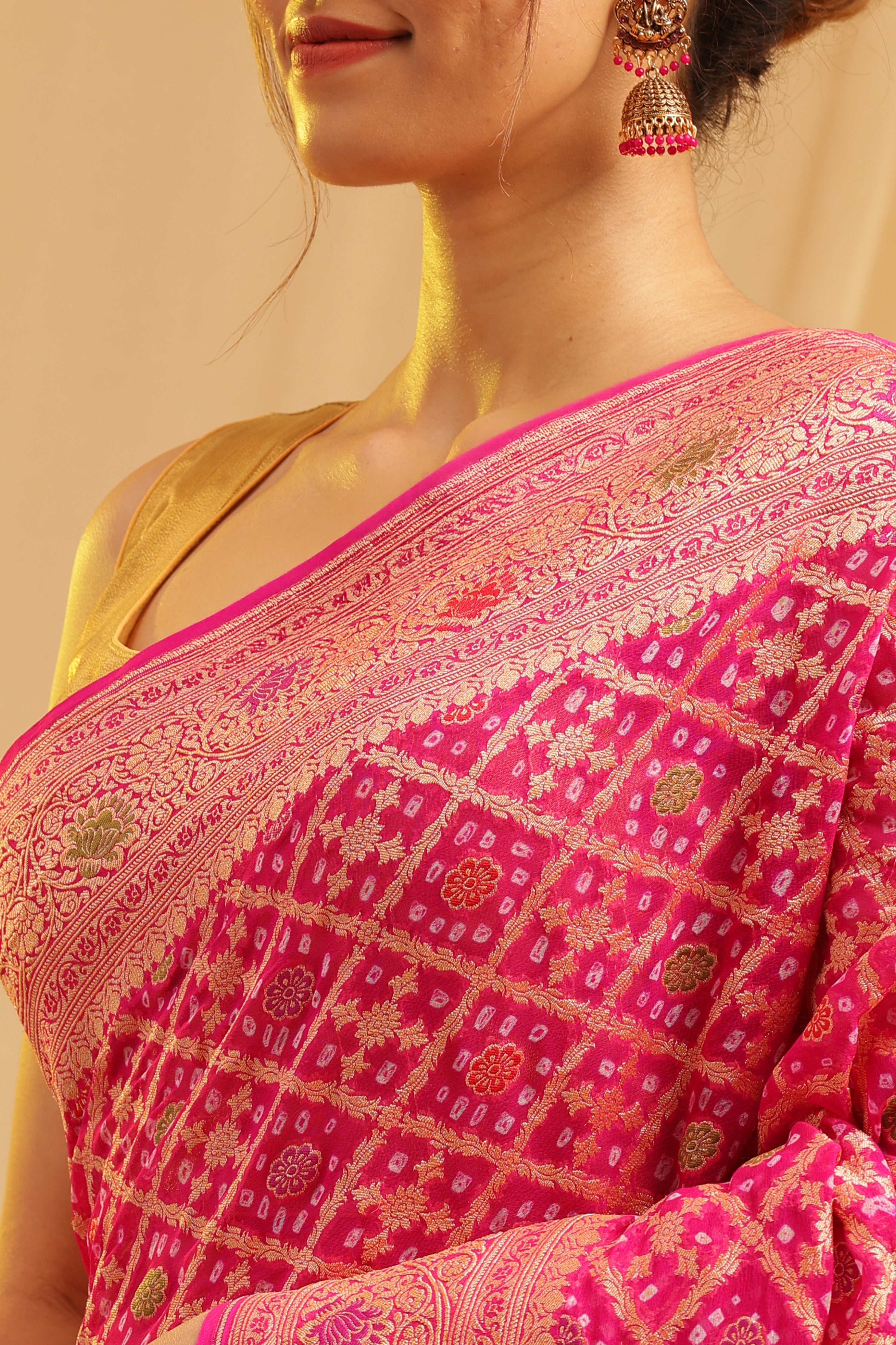 Pure Banarasi Georgette Khaddi Minakari Work Bandhej Saree - Rani Pink
