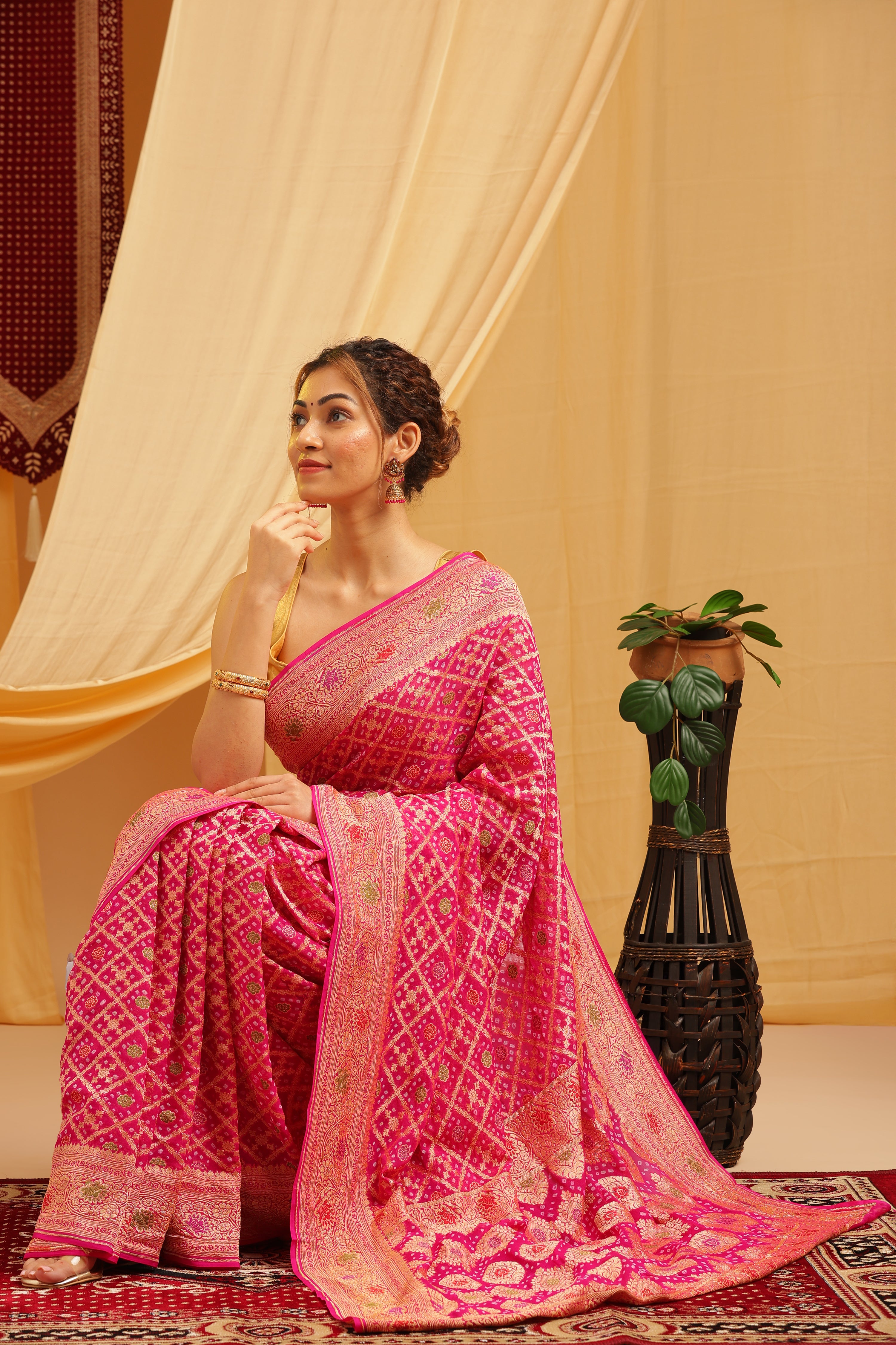 Pure Banarasi Georgette Khaddi Minakari Work Bandhej Saree - Rani Pink
