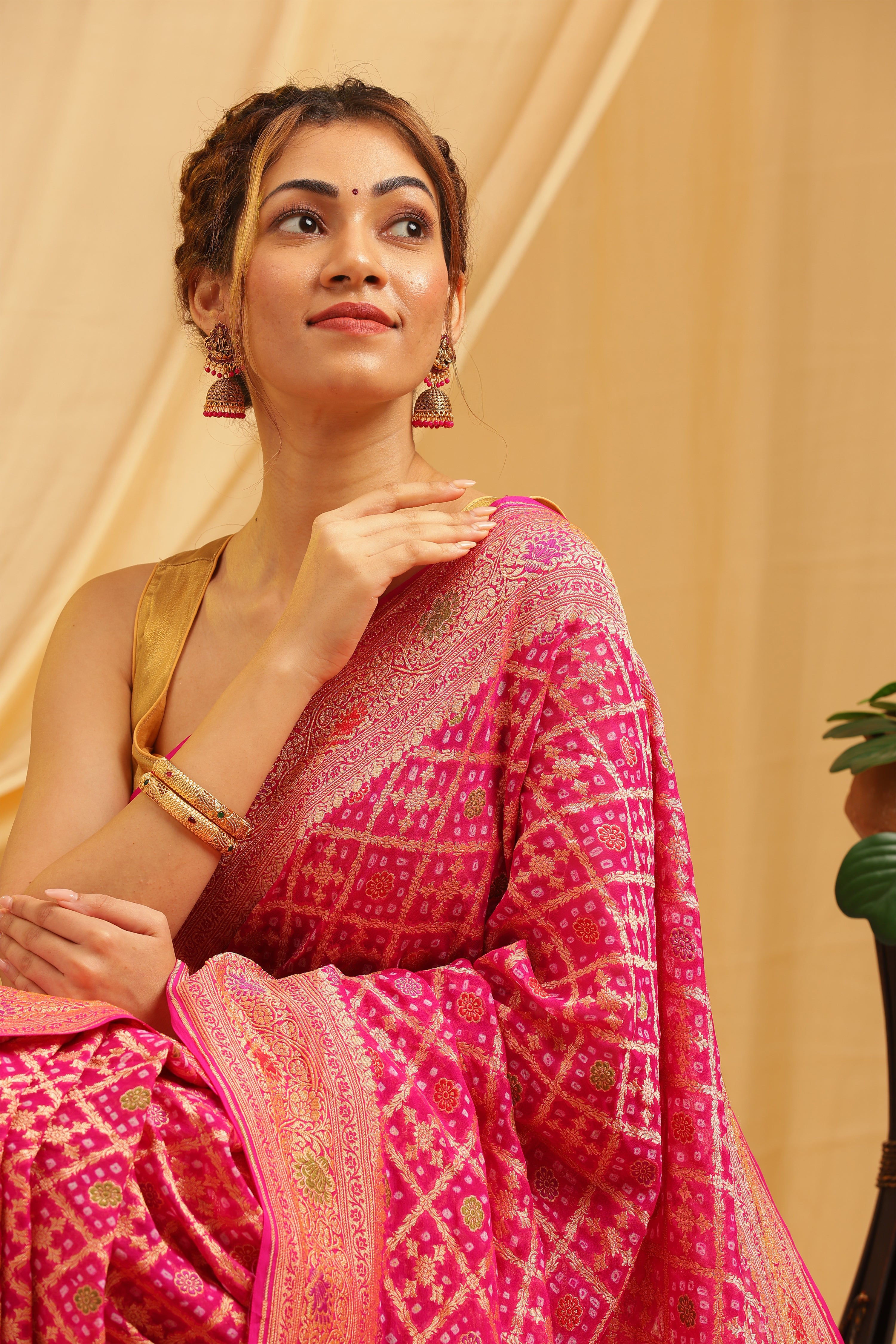 Pure Banarasi Georgette Khaddi Minakari Work Bandhej Saree - Rani Pink