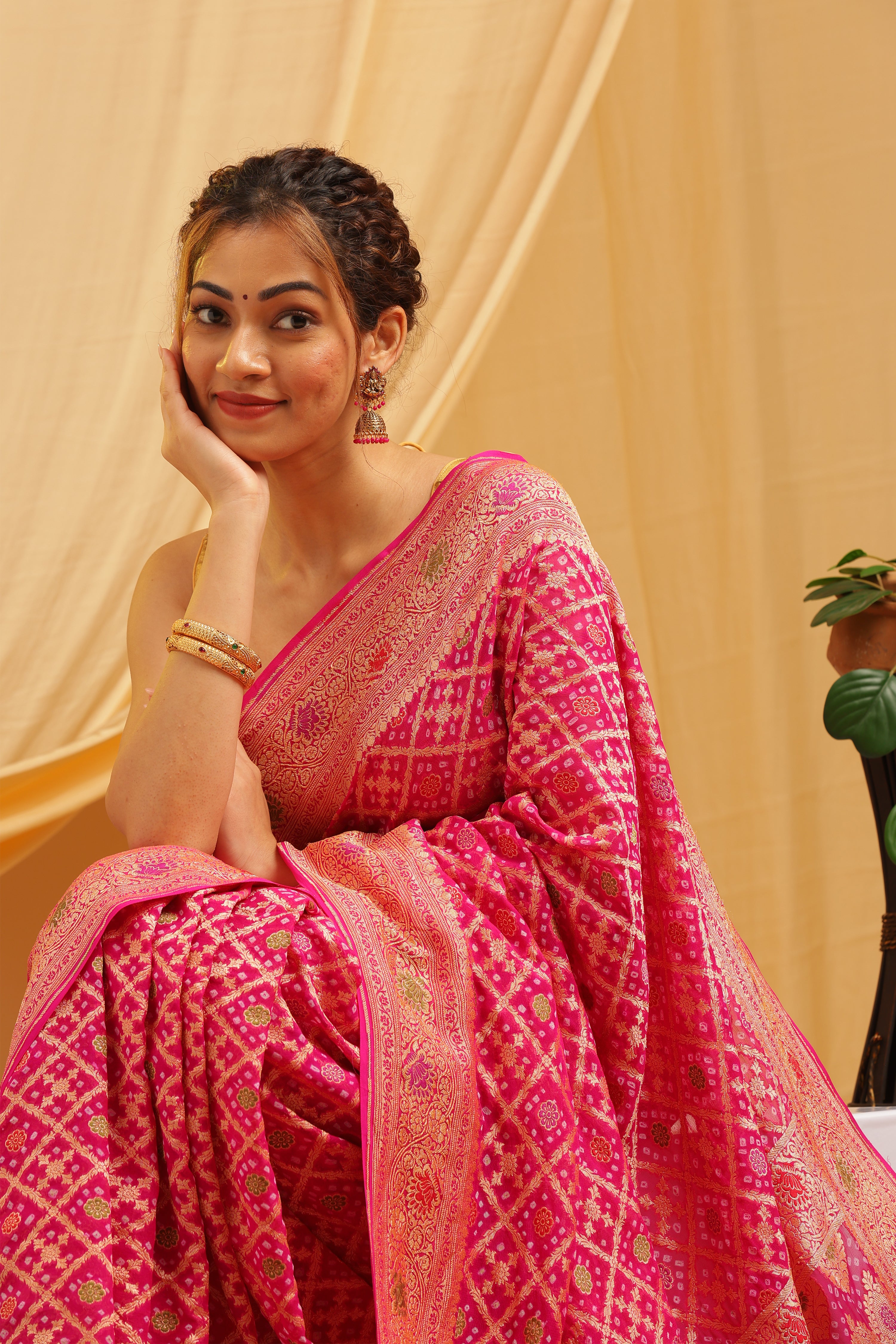 Pure Banarasi Georgette Khaddi Minakari Work Bandhej Saree - Rani Pink