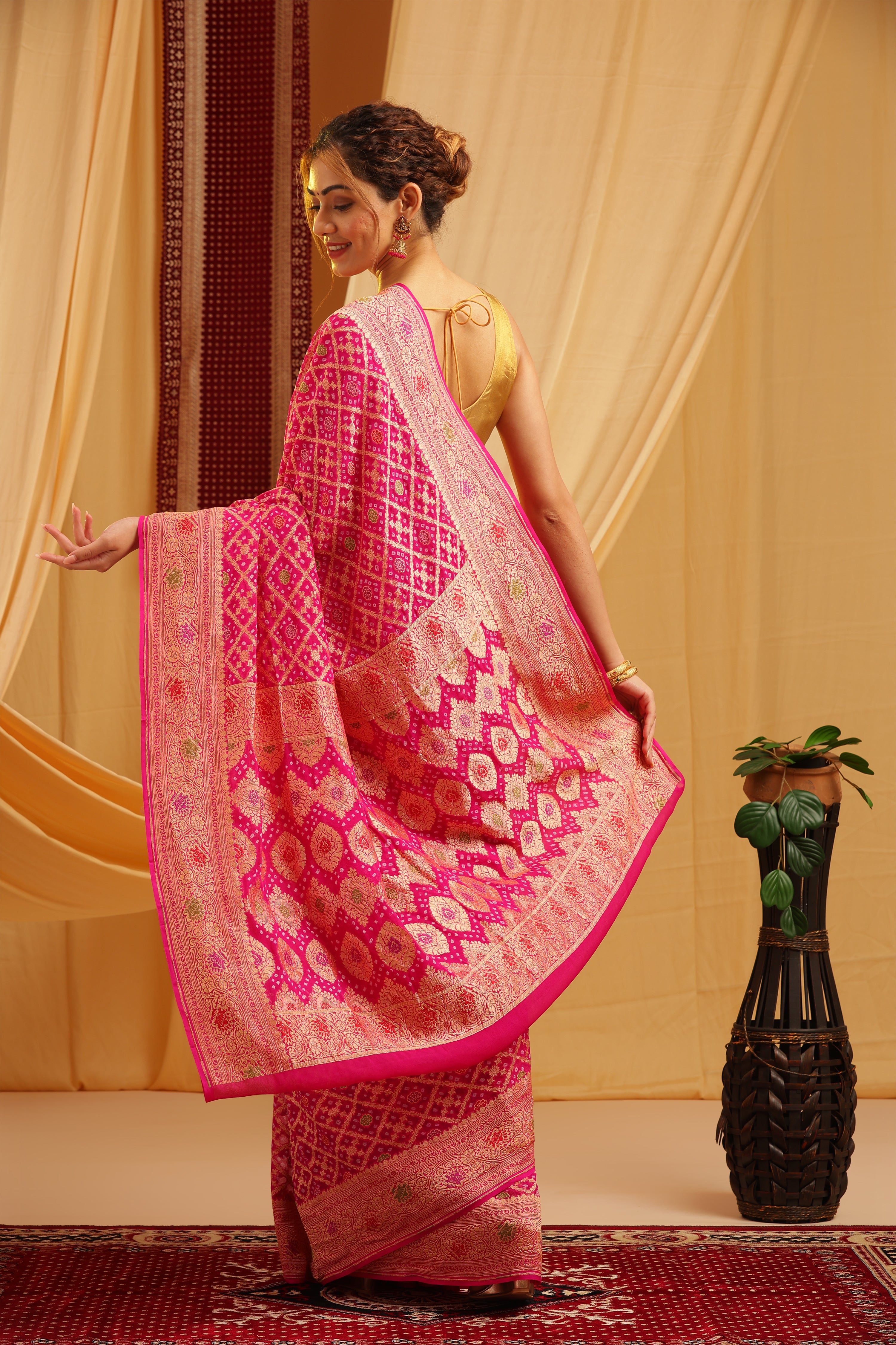 Pure Banarasi Georgette Khaddi Minakari Work Bandhej Saree - Rani Pink