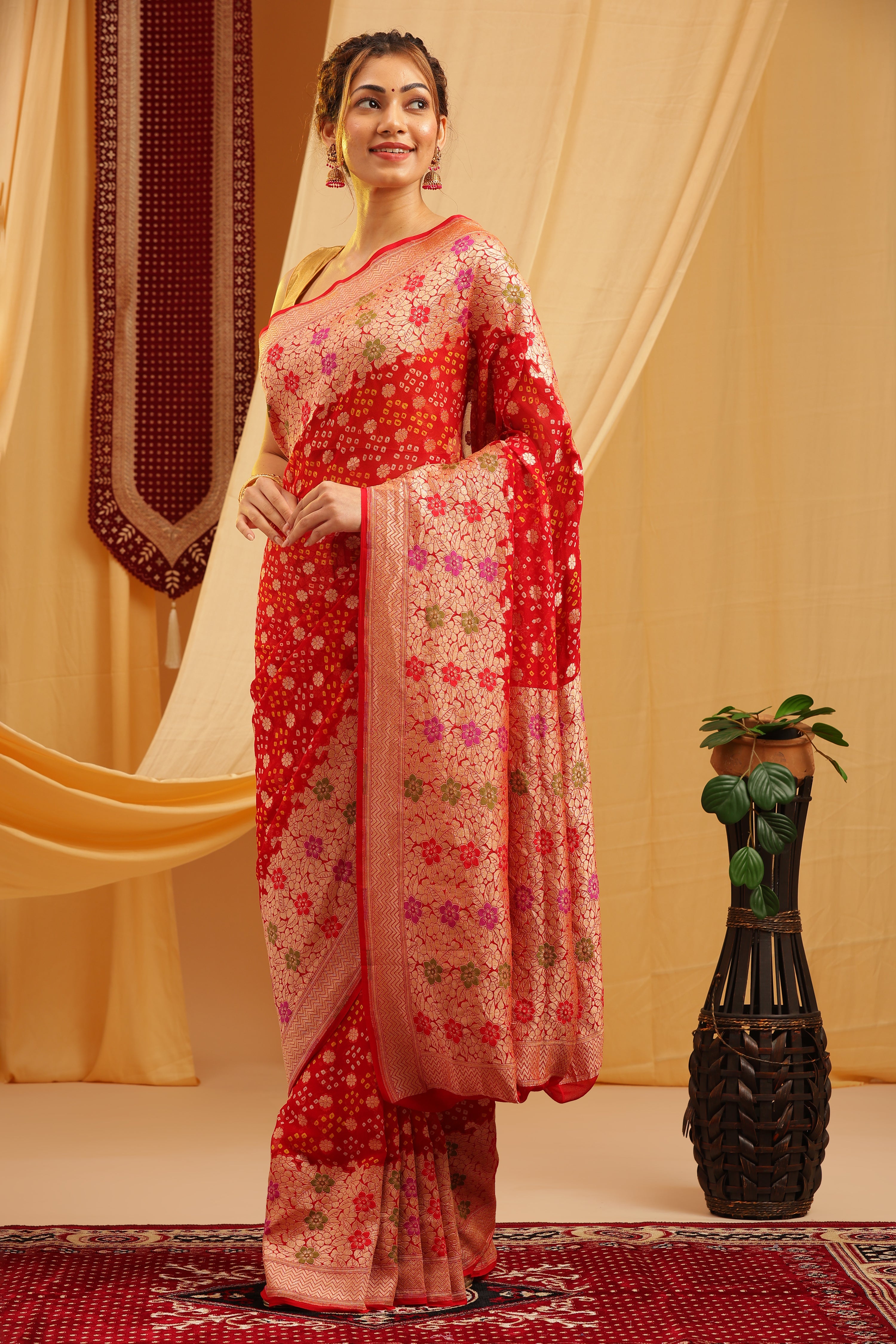 Pure Banarasi Georgette Khaddi Minakari Work Bandhej Saree - Cherry Red