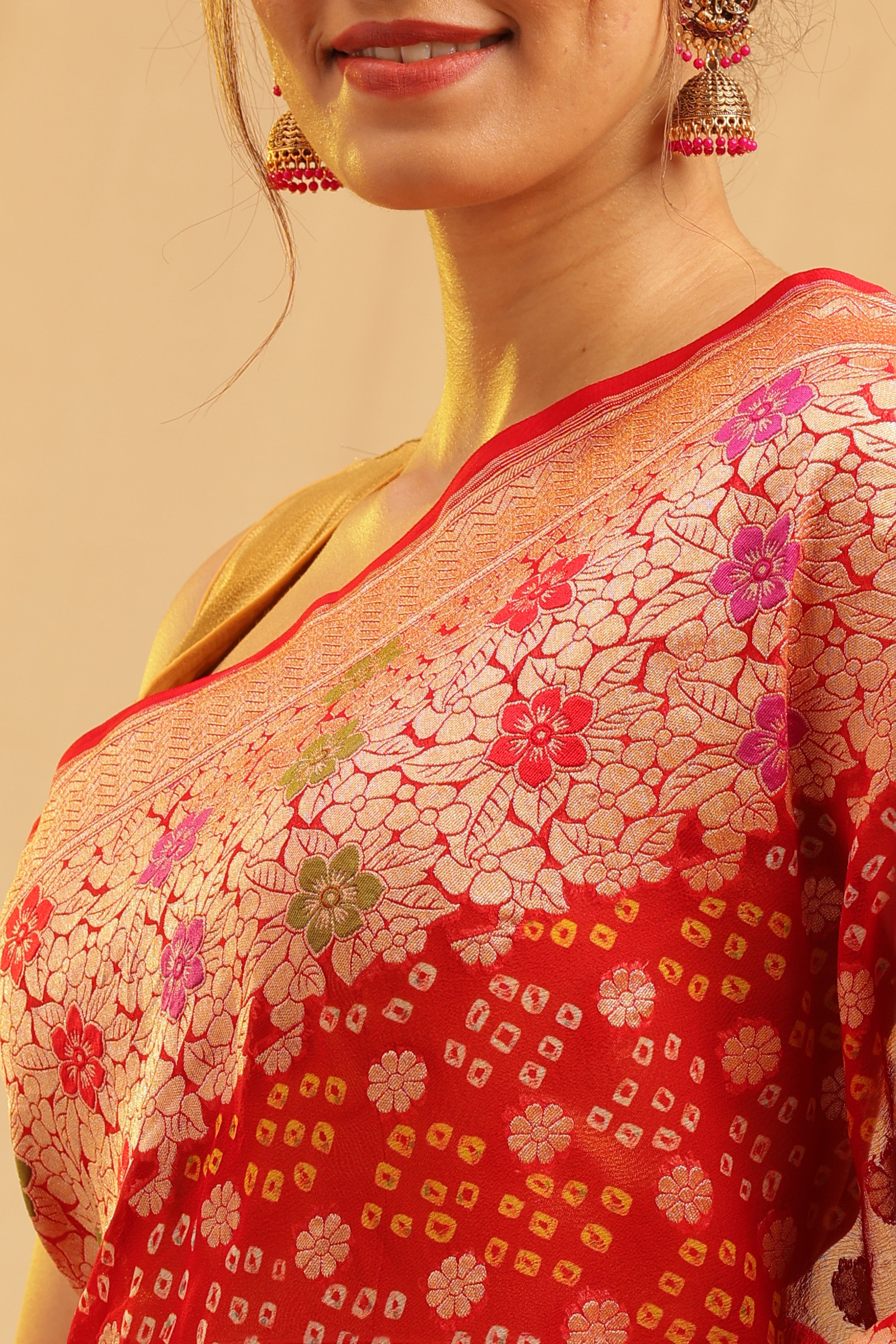 Pure Banarasi Georgette Khaddi Minakari Work Bandhej Saree - Cherry Red