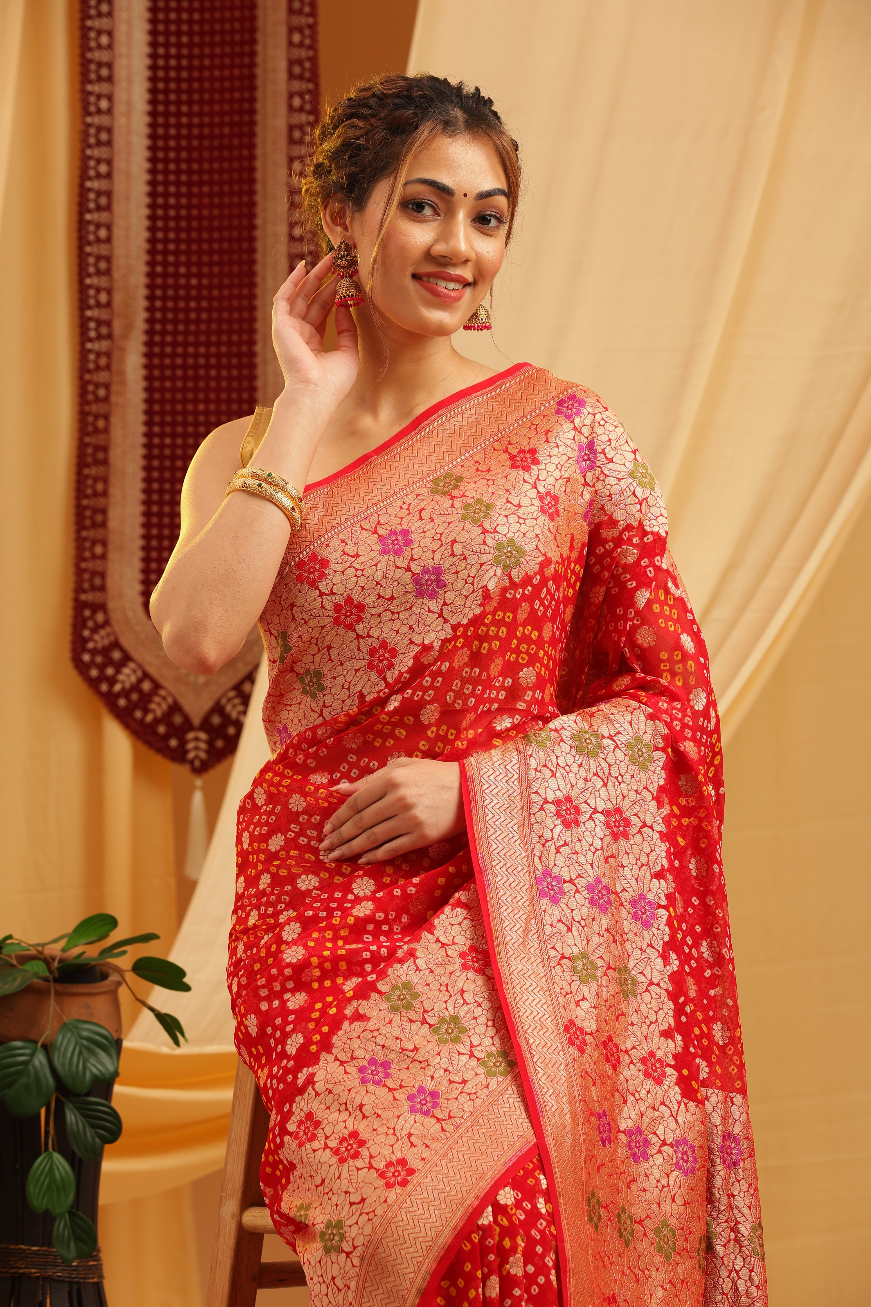 Pure Banarasi Georgette Khaddi Minakari Work Bandhej Saree - Cherry Red