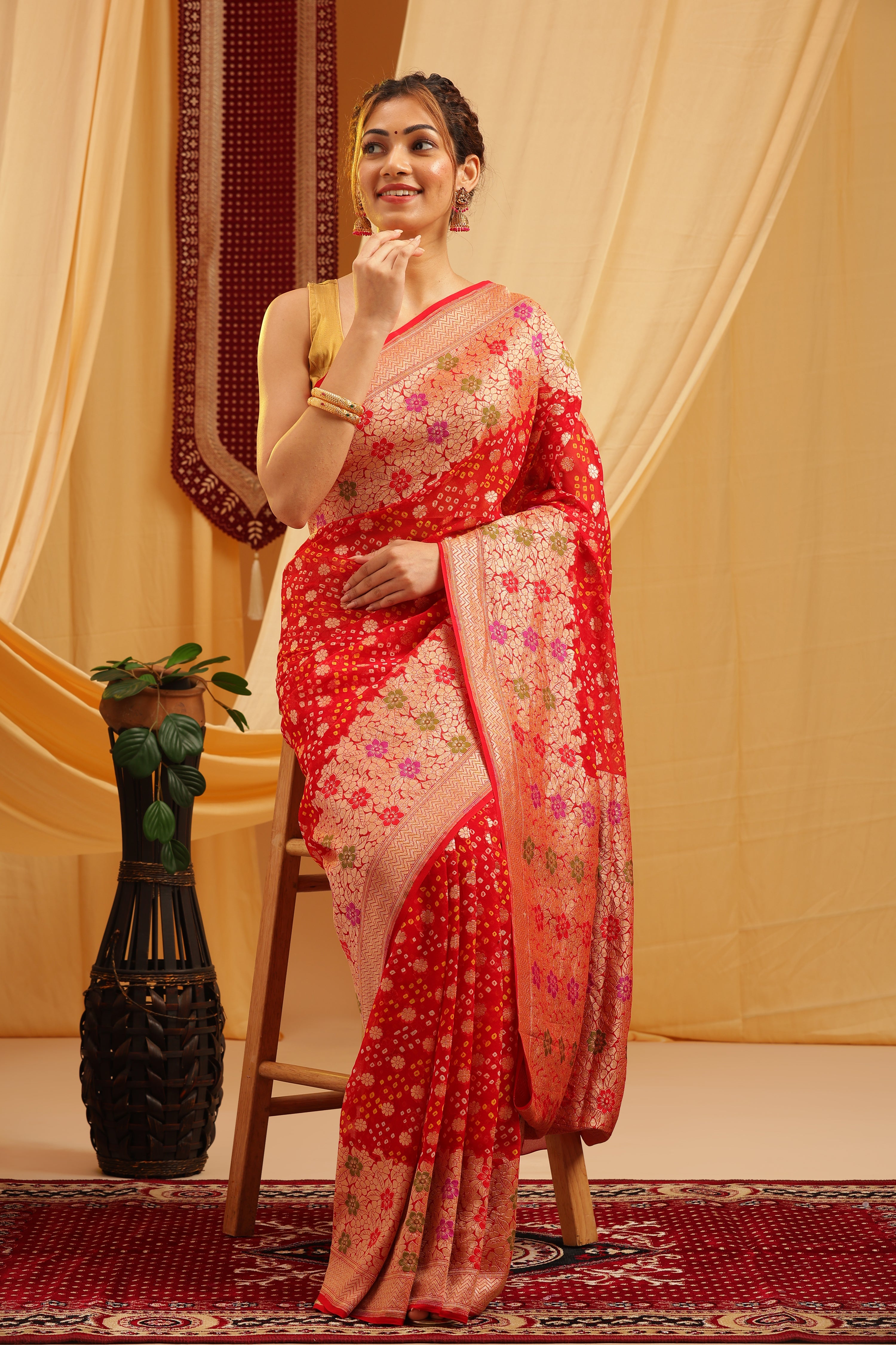 Pure Banarasi Georgette Khaddi Minakari Work Bandhej Saree - Cherry Red