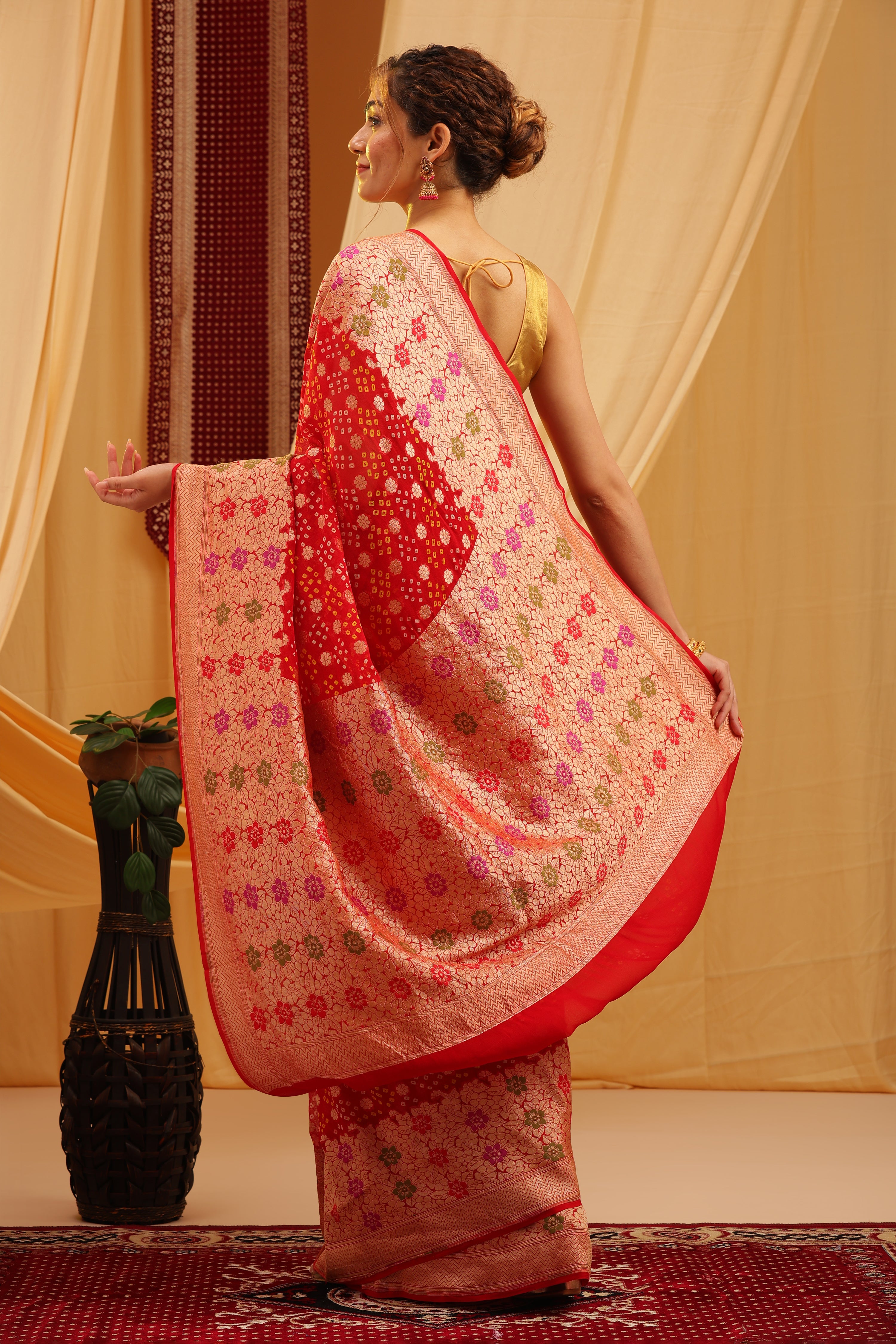 Pure Banarasi Georgette Khaddi Minakari Work Bandhej Saree - Cherry Red