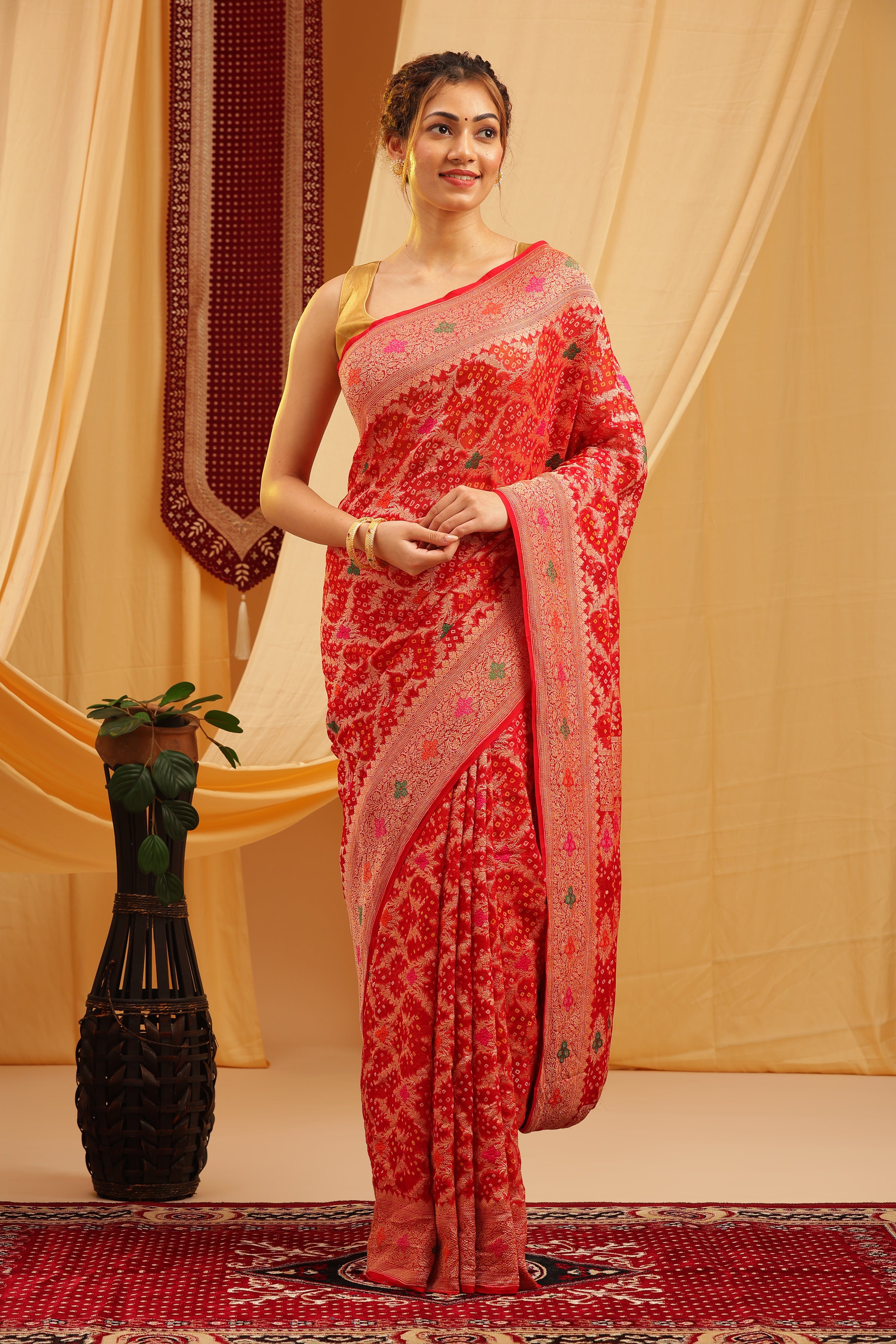 Pure Banarasi Georgette Khaddi Minakari Work Bandhej Saree - Coral Red