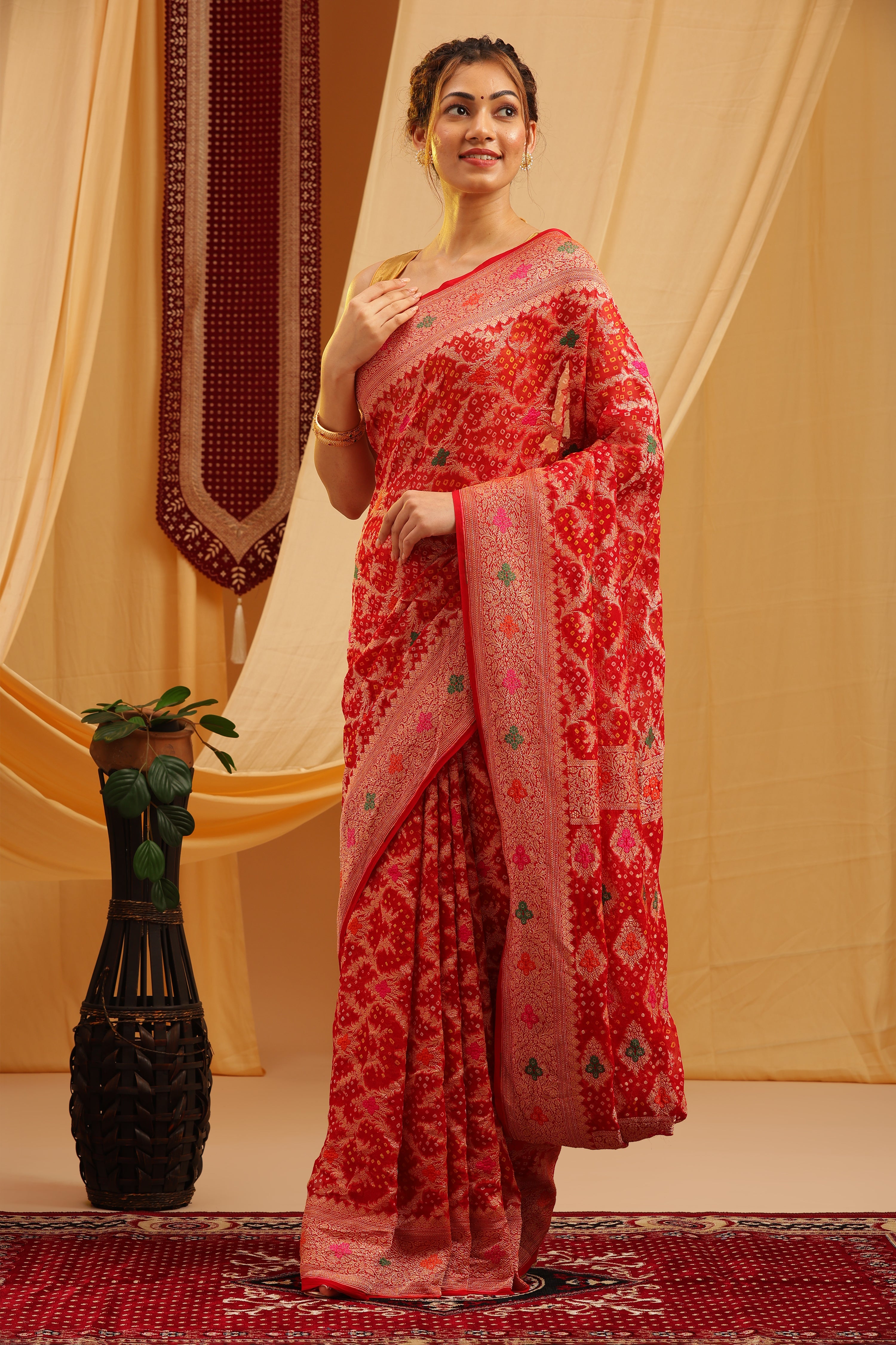 Pure Banarasi Georgette Khaddi Minakari Work Bandhej Saree - Coral Red