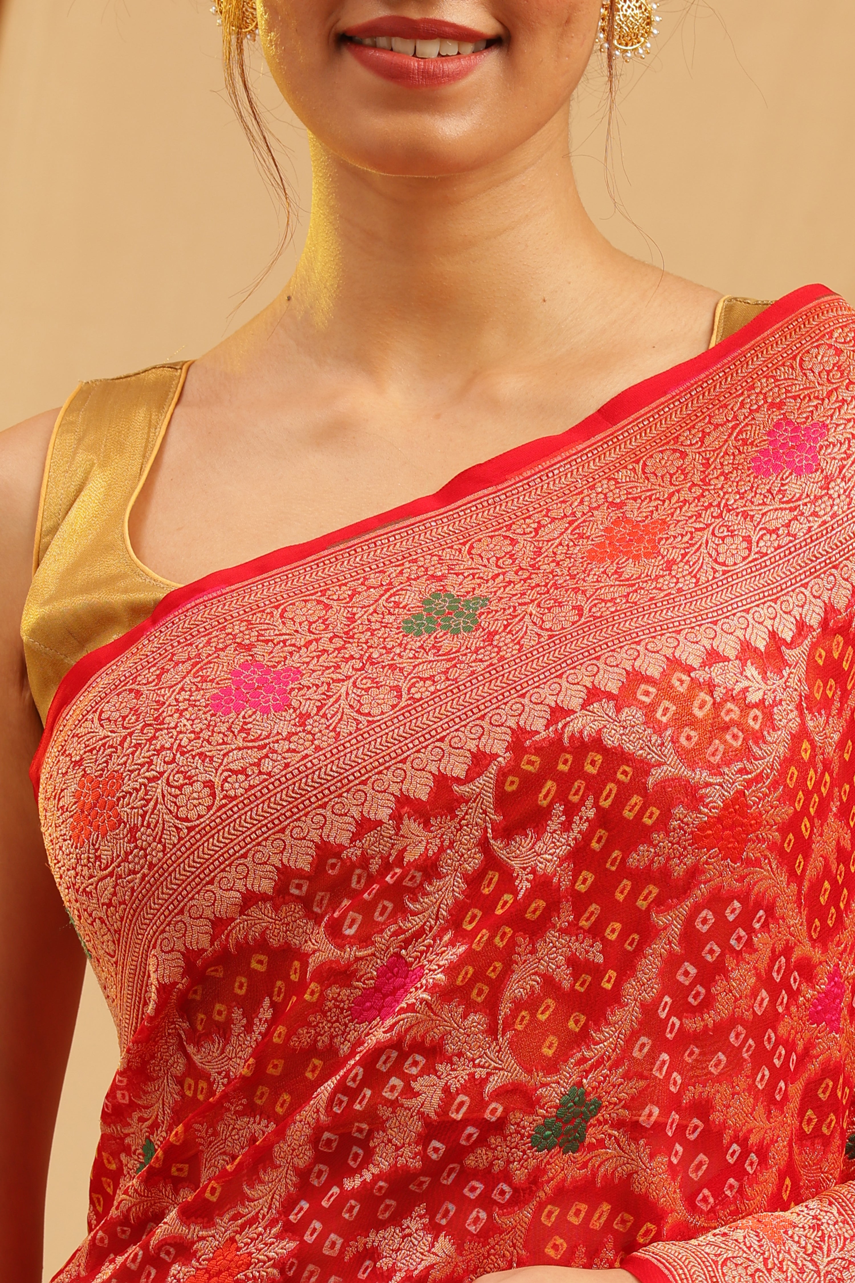 Pure Banarasi Georgette Khaddi Minakari Work Bandhej Saree - Coral Red