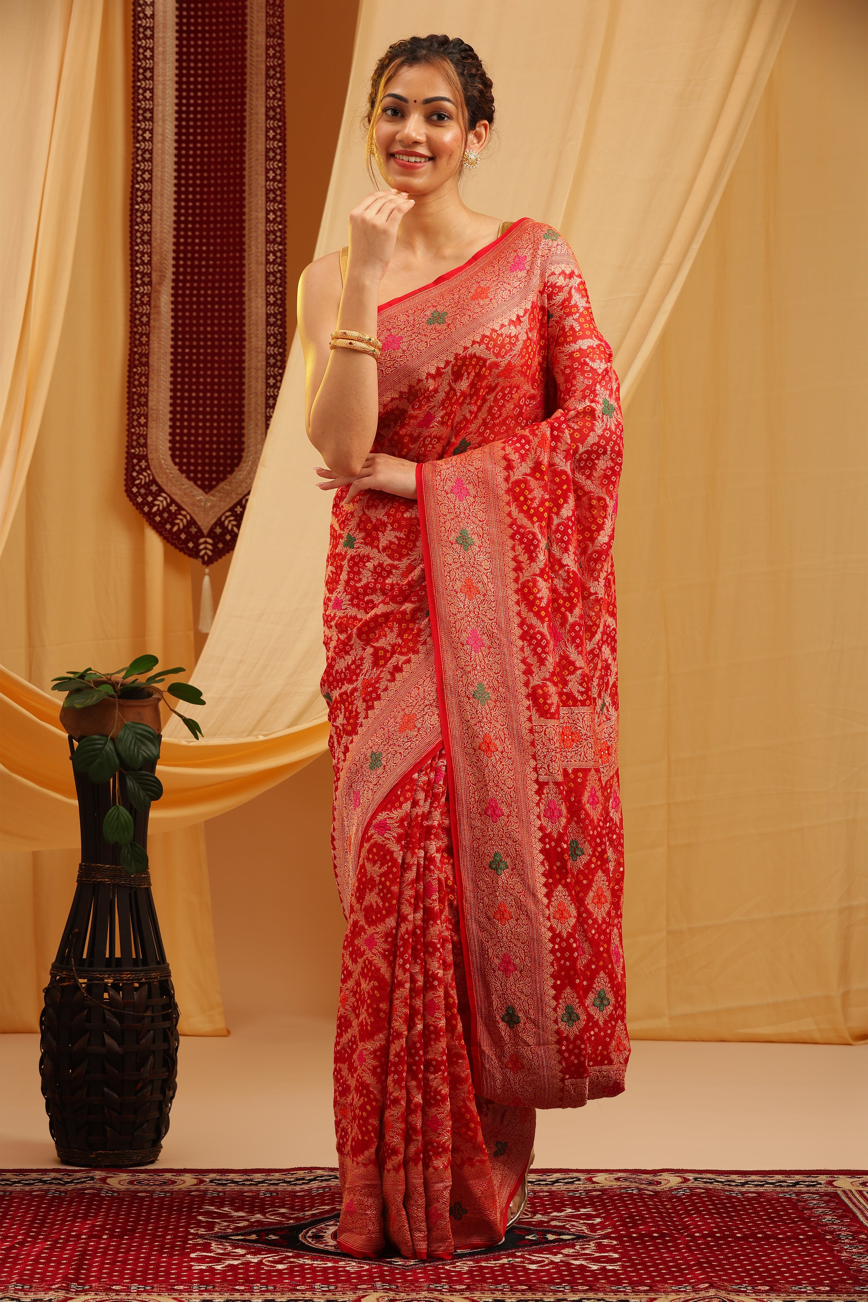 Pure Banarasi Georgette Khaddi Minakari Work Bandhej Saree - Coral Red