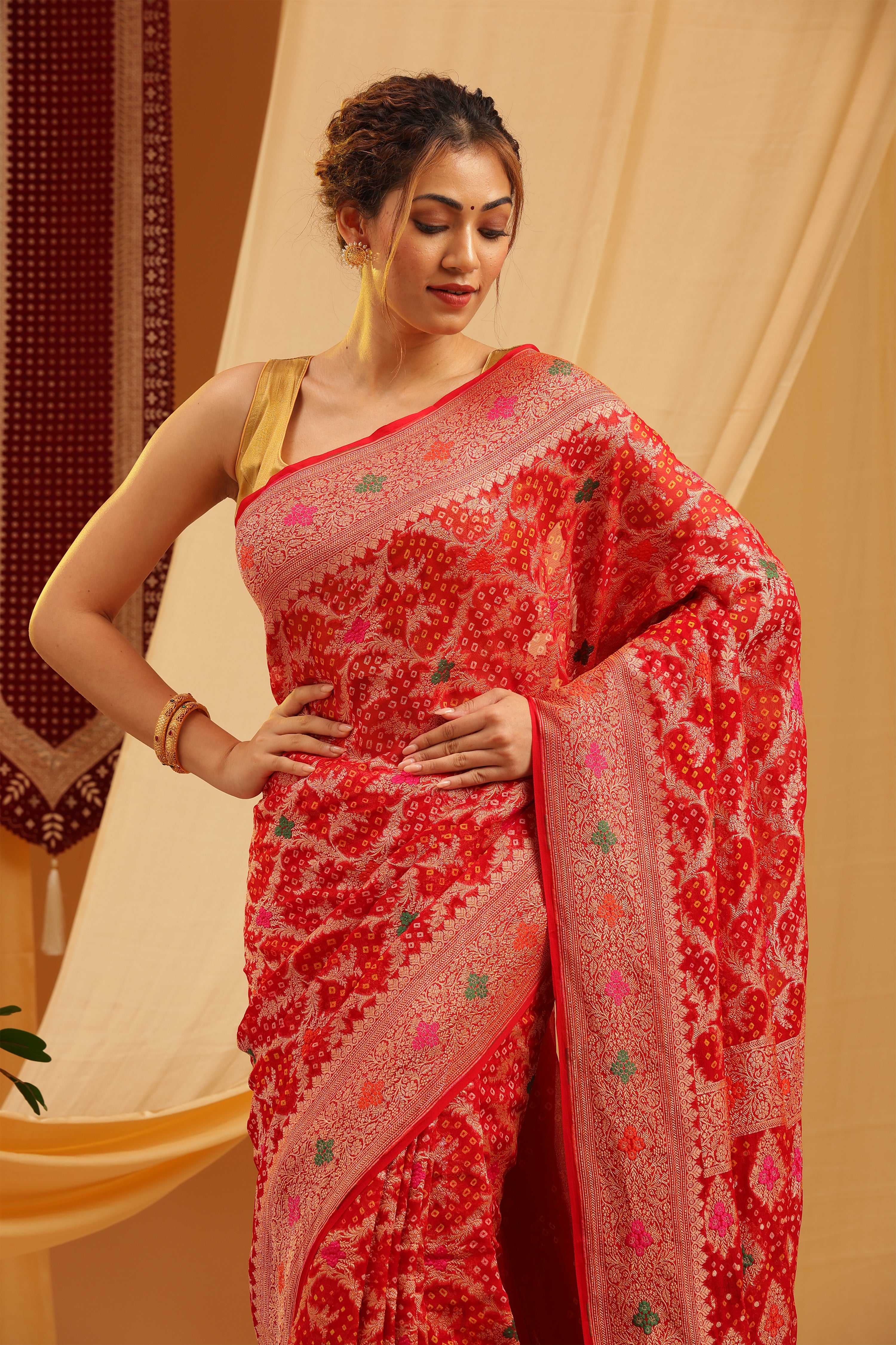 Pure Banarasi Georgette Khaddi Minakari Work Bandhej Saree - Coral Red