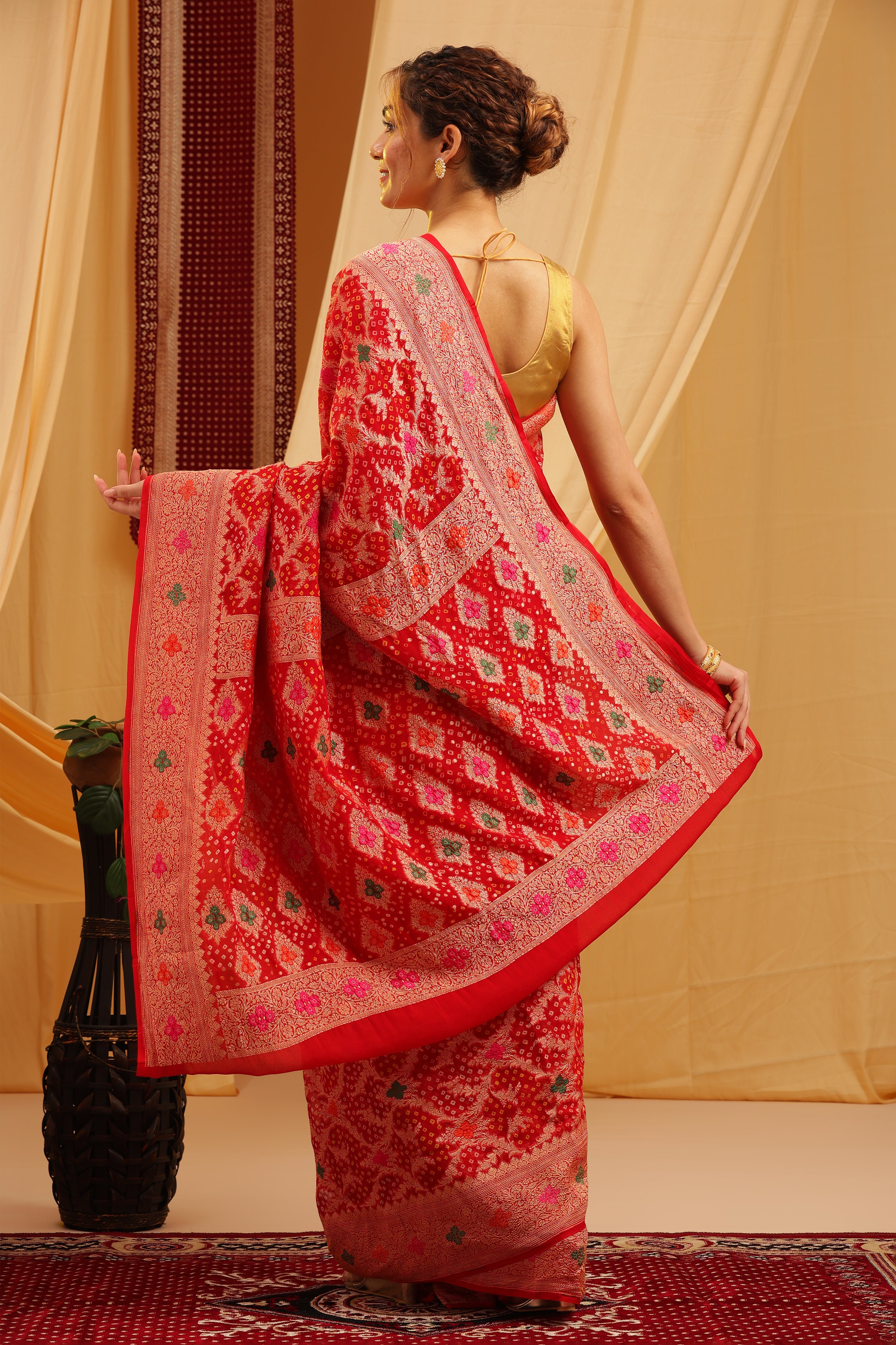 Pure Banarasi Georgette Khaddi Minakari Work Bandhej Saree - Coral Red