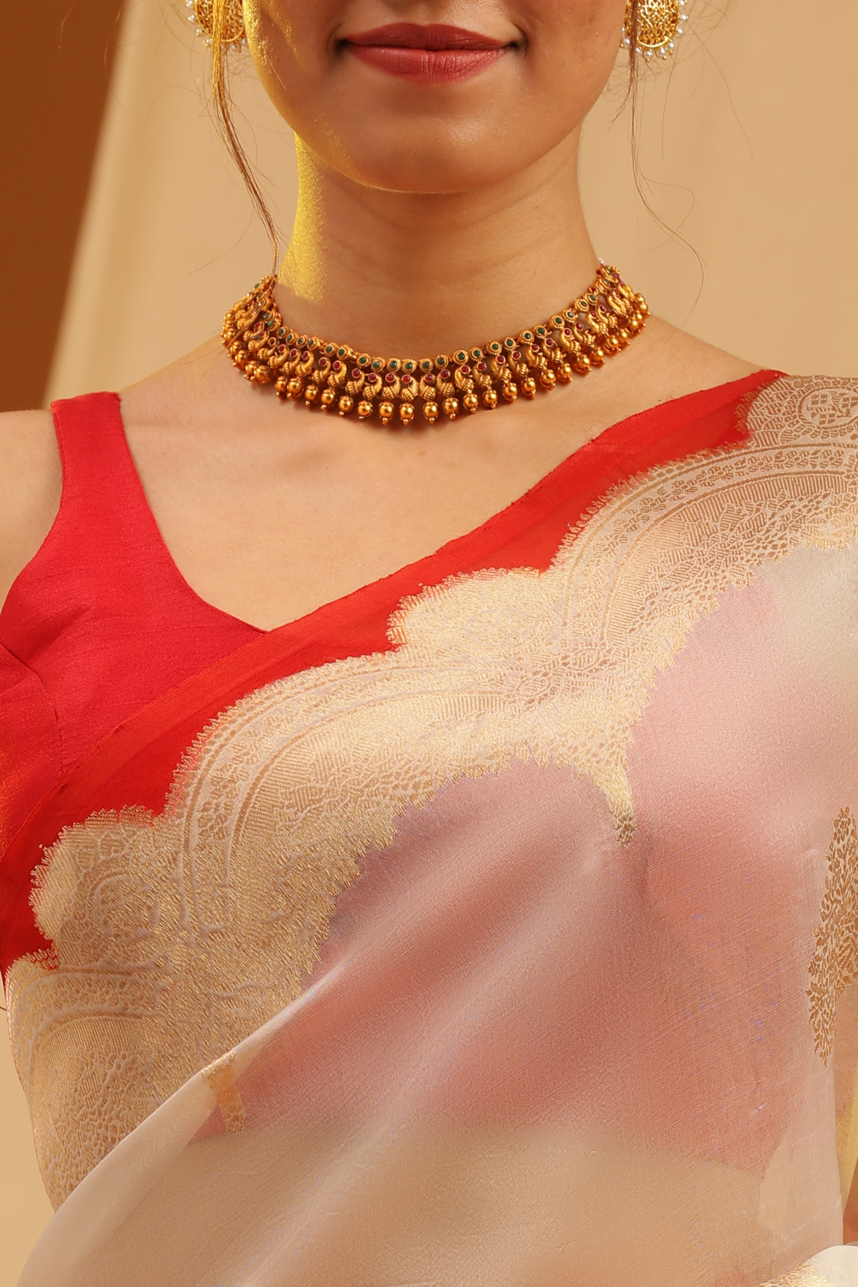 Pure silk banarasi organza kadhua Meena butti - Ivory Red & White