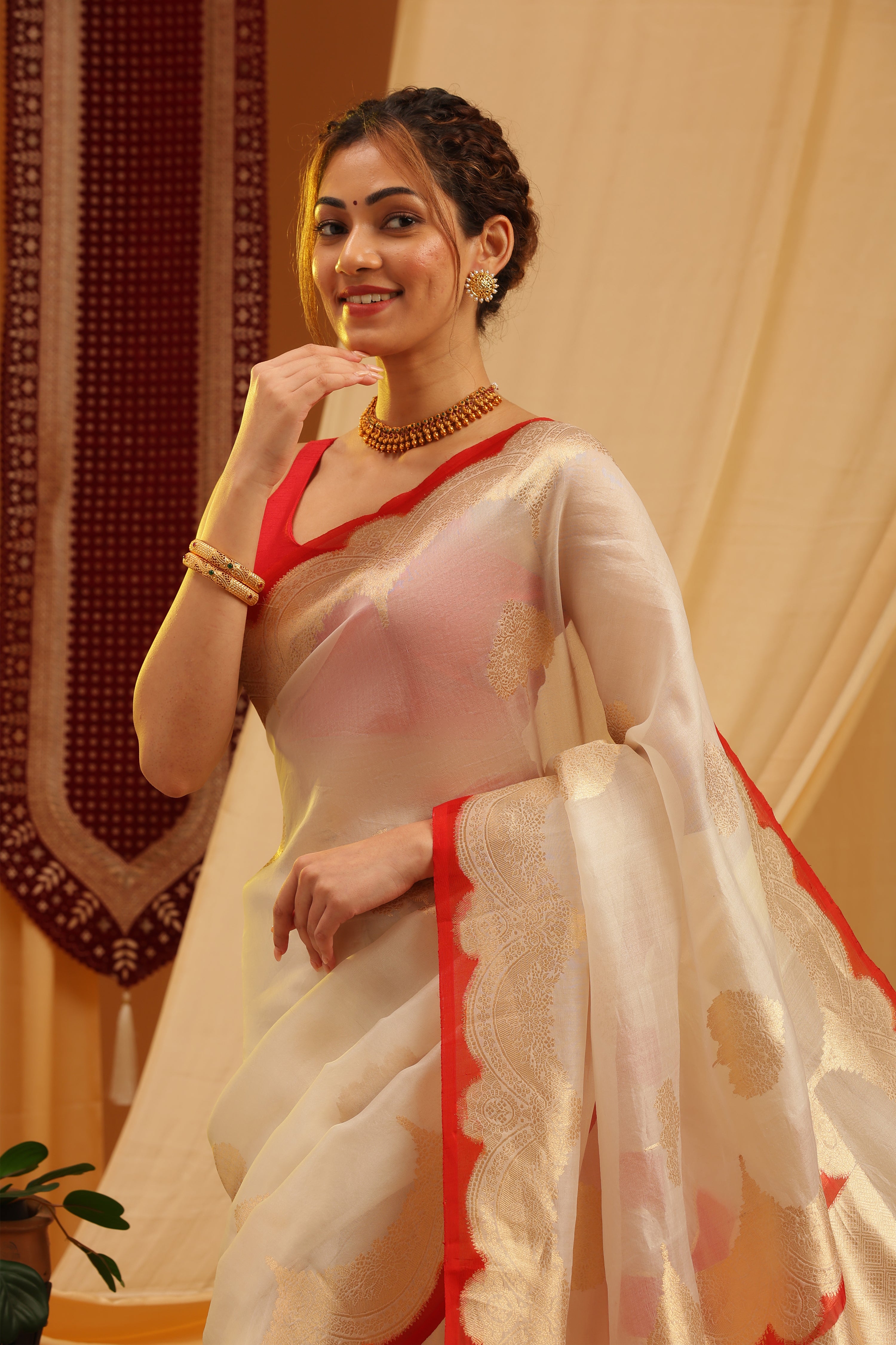 Pure silk banarasi organza kadhua Meena butti - Ivory Red & White