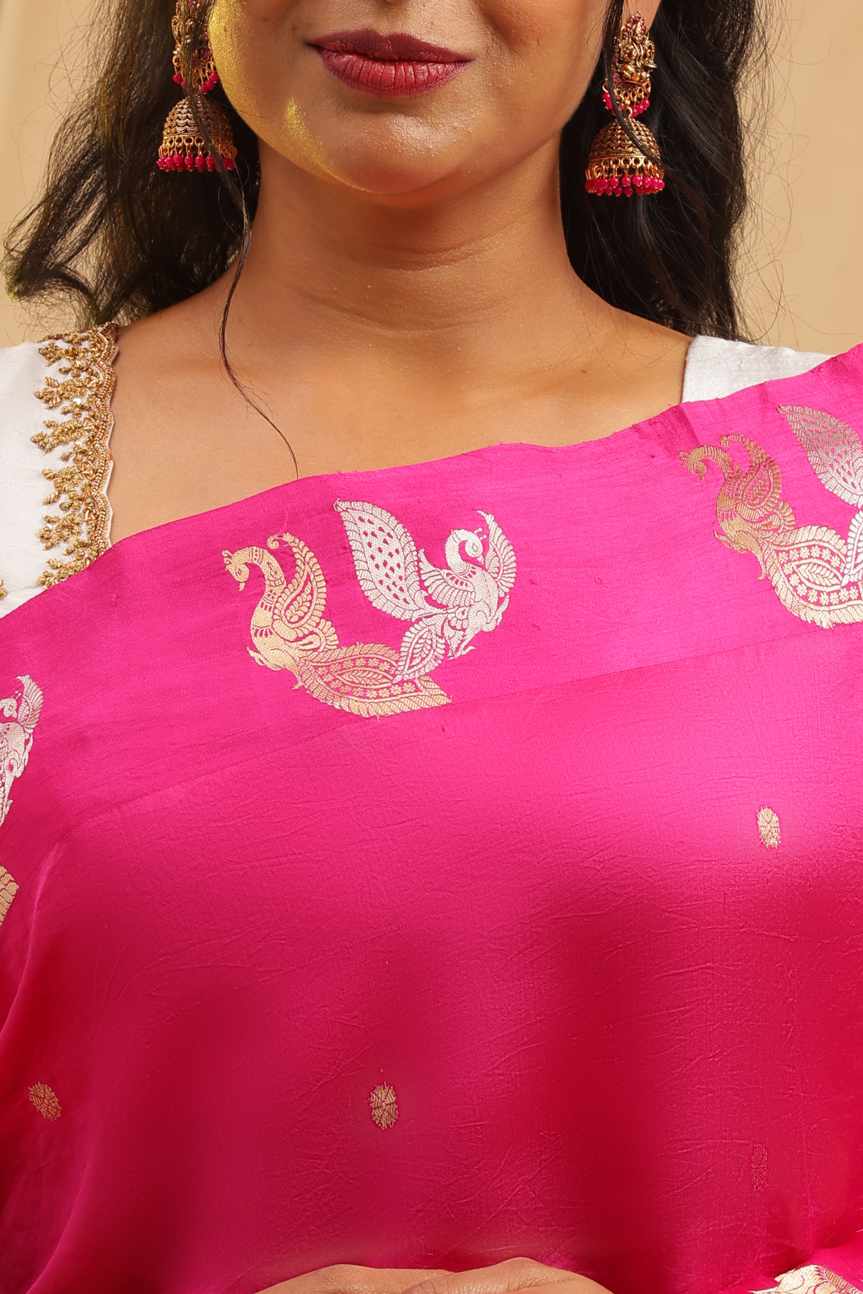 Pure Silk Katan Raw Mango Banarasi Saree - Rani Pink