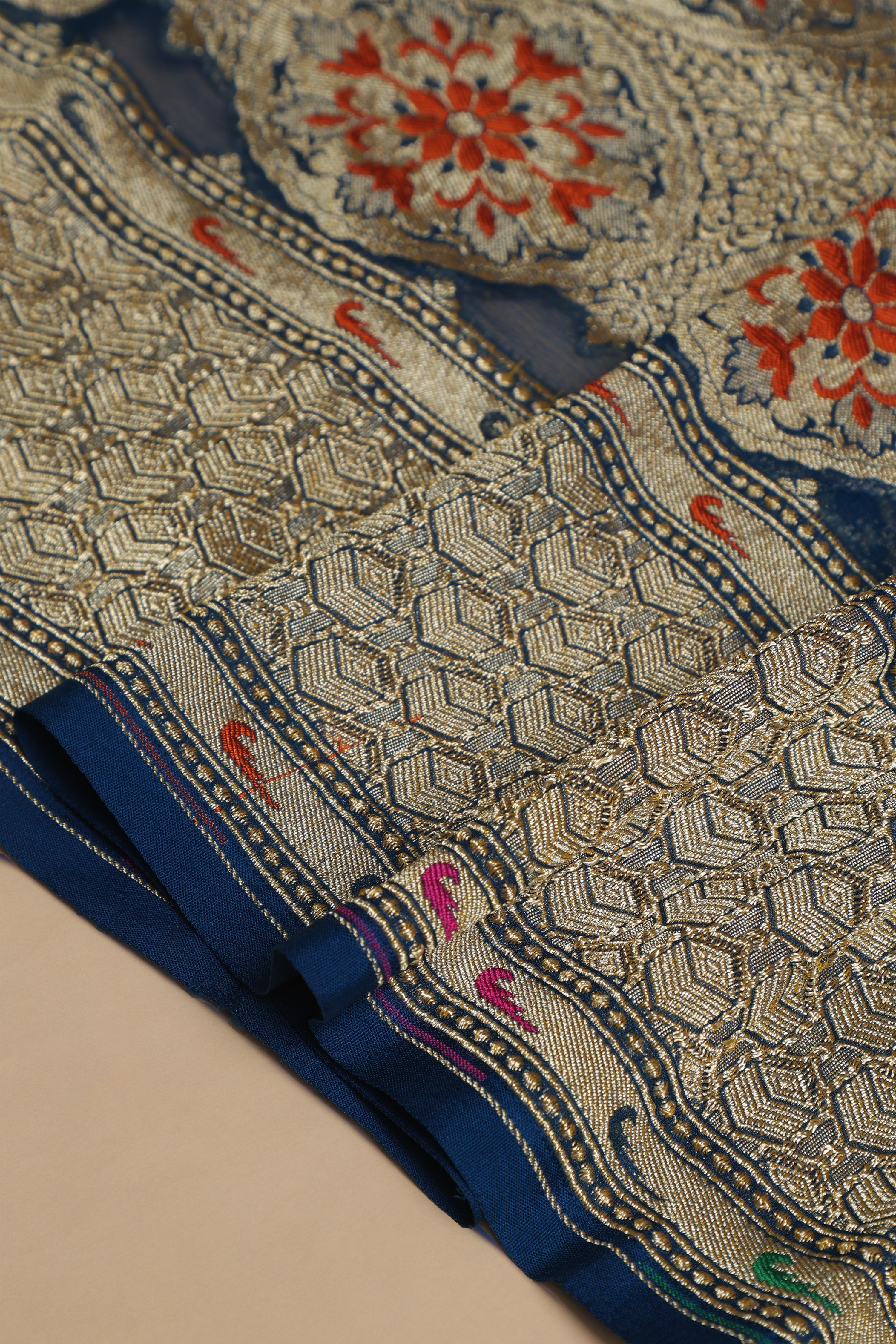 Pure Banarasi Georgette Khaddi Minakari Work Bandhej Saree - Royal Blue