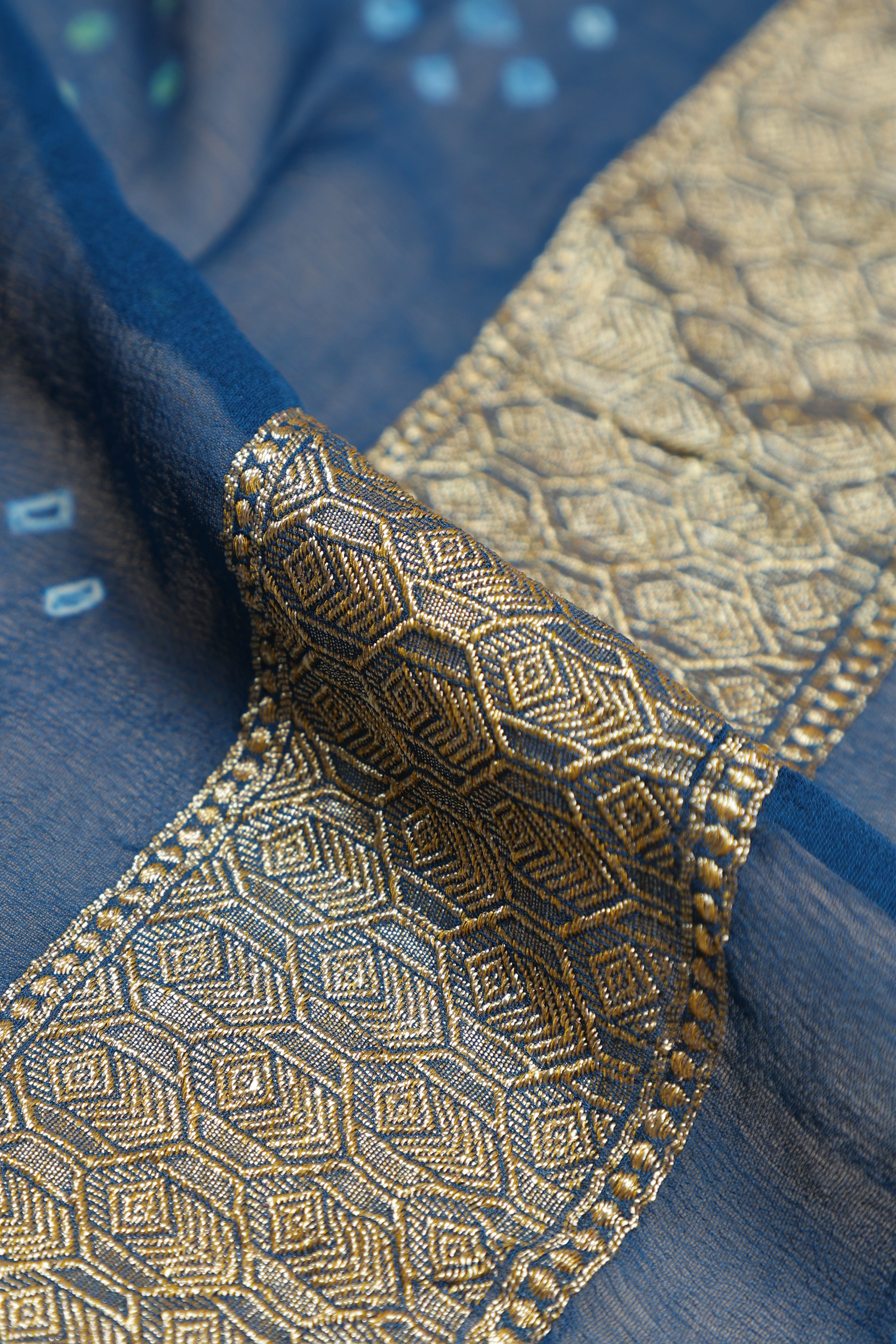 Pure Banarasi Georgette Khaddi Minakari Work Bandhej Saree - Royal Blue