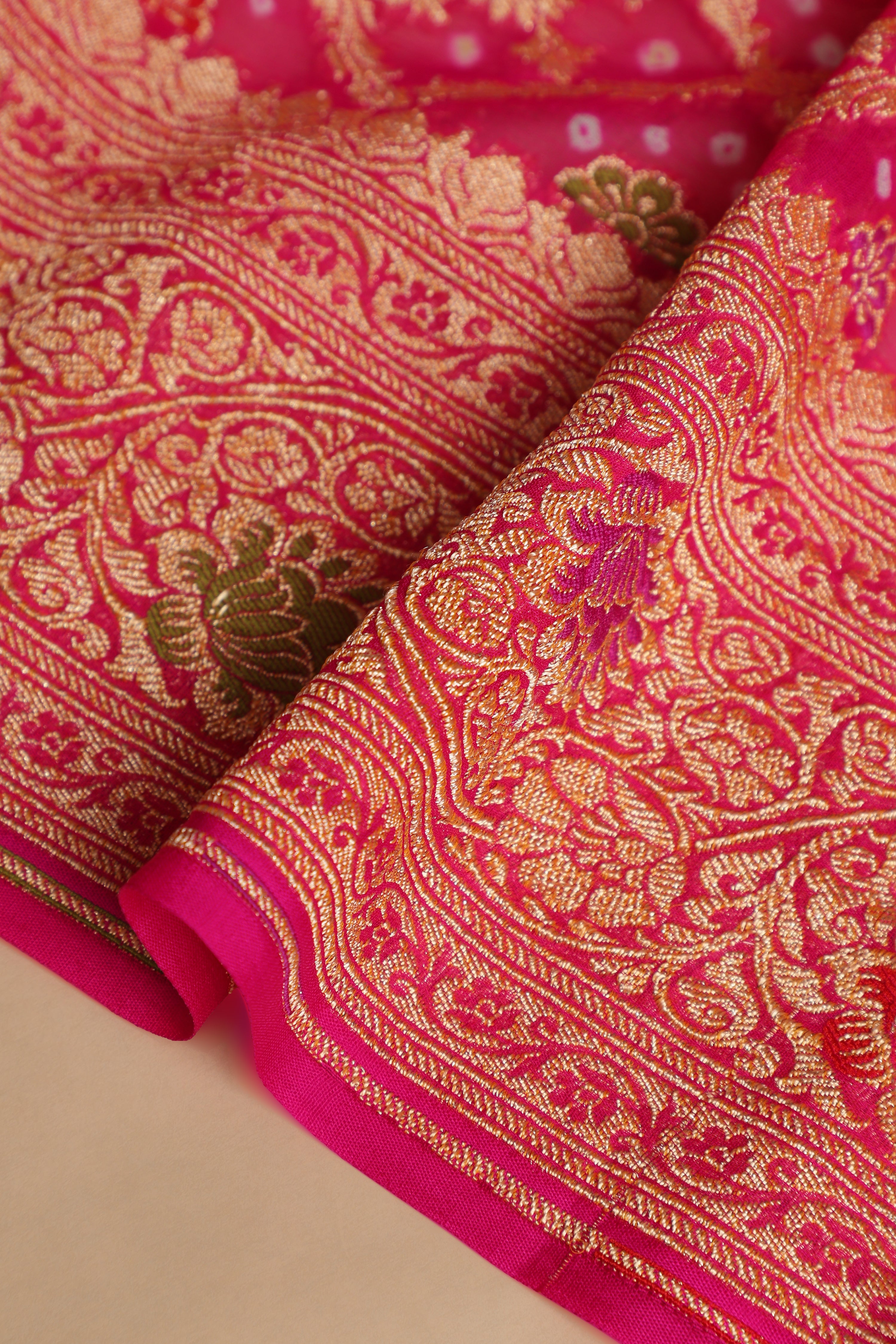 Pure Banarasi Georgette Khaddi Minakari Work Bandhej Saree - Rani Pink