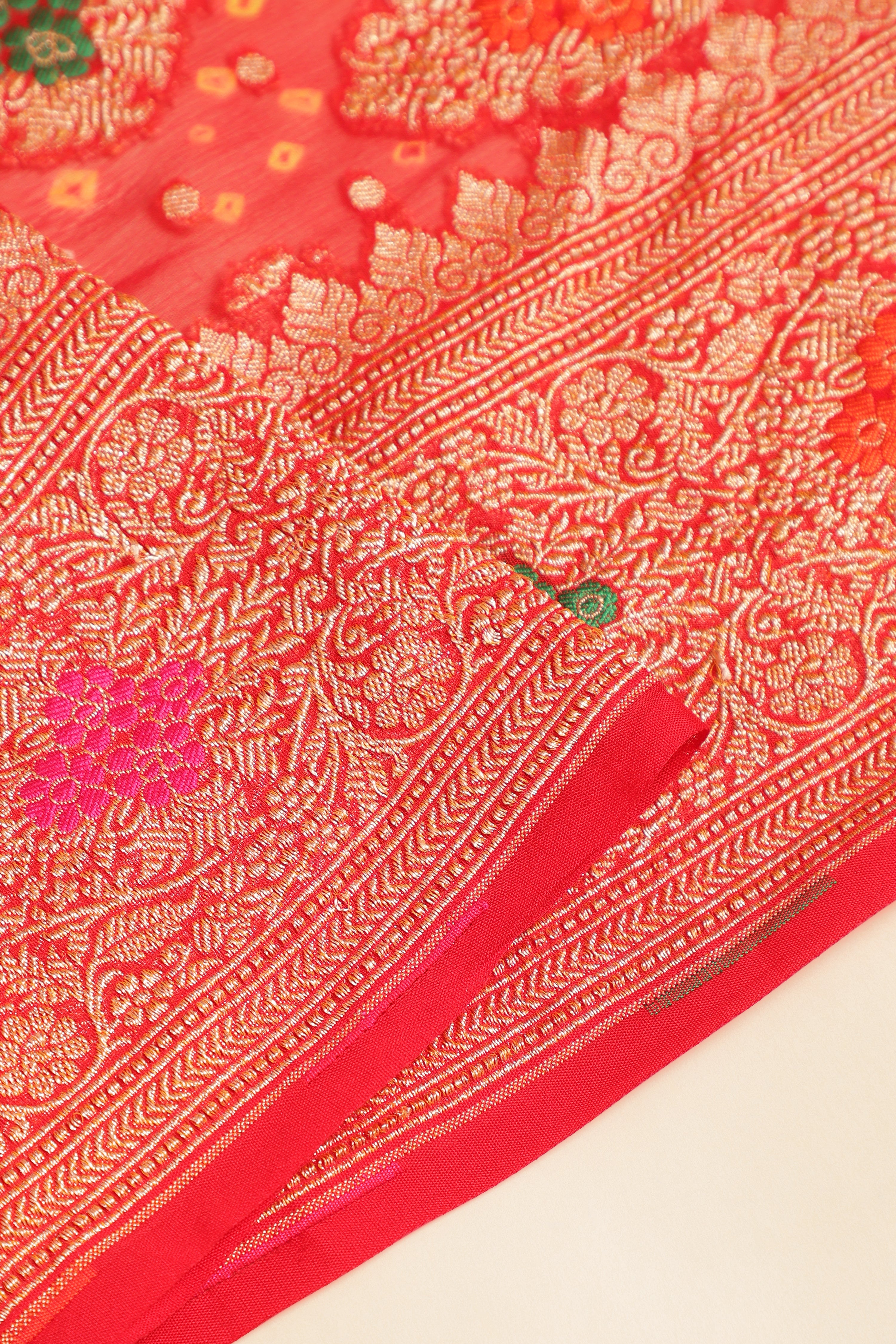 Pure Banarasi Georgette Khaddi Minakari Work Bandhej Saree - Coral Red