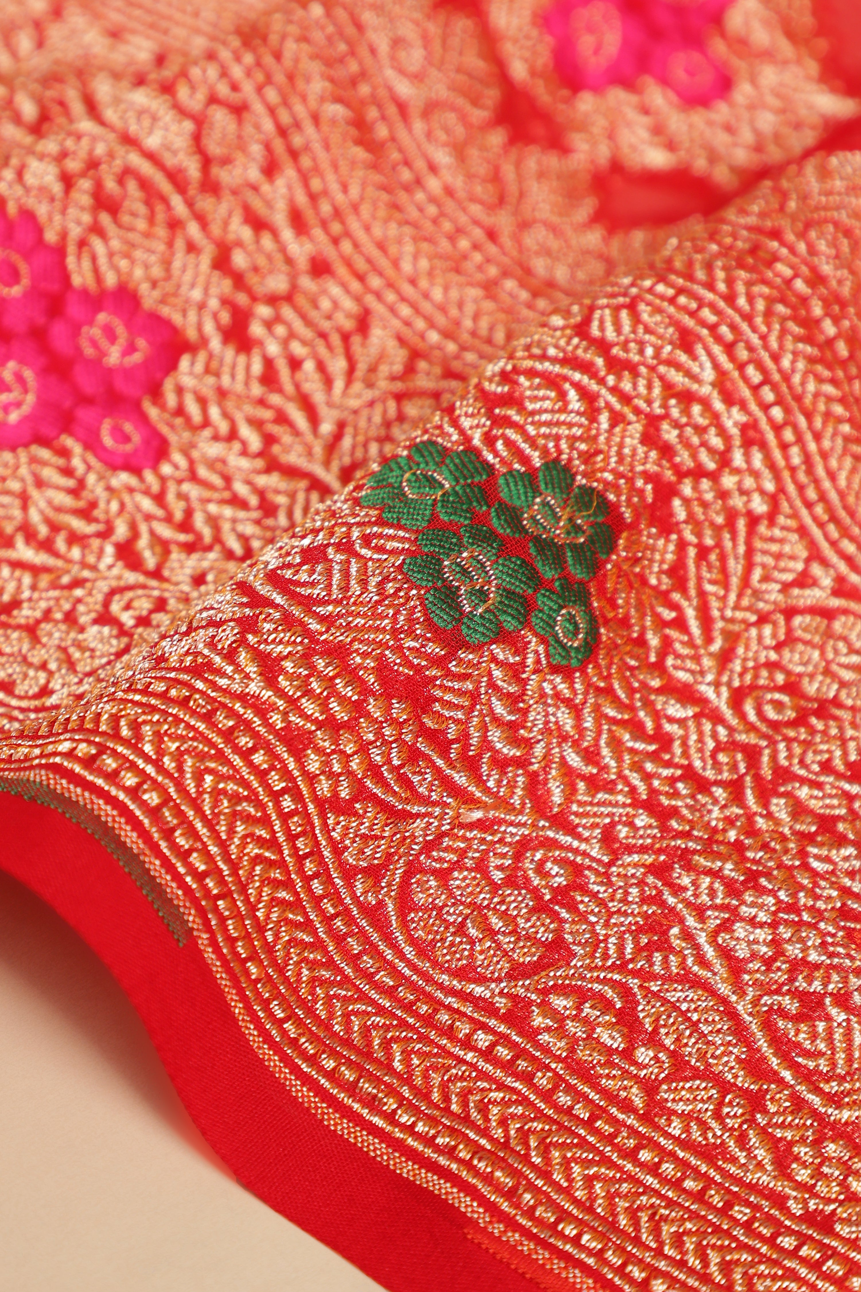 Pure Banarasi Georgette Khaddi Minakari Work Bandhej Saree - Coral Red