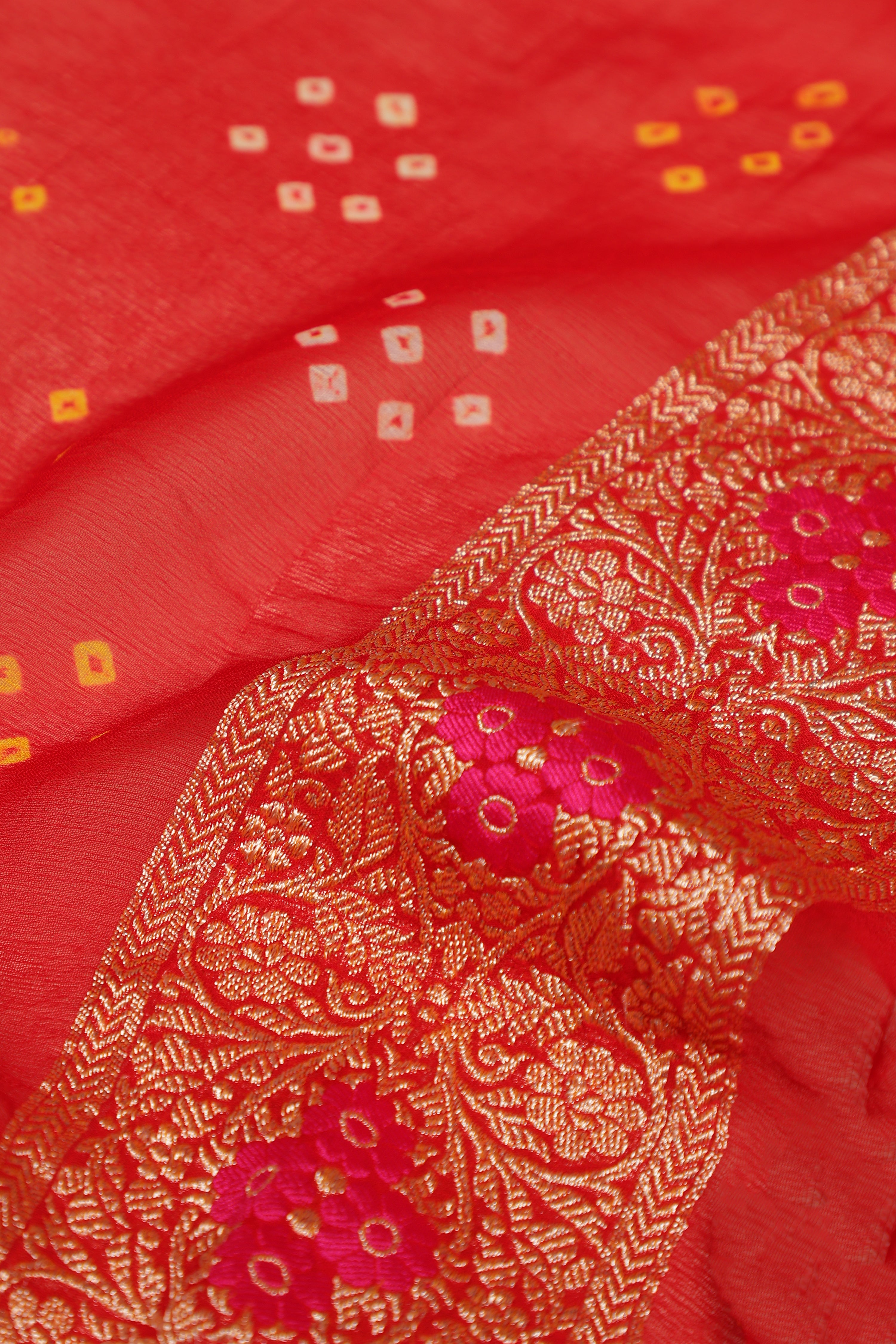 Pure Banarasi Georgette Khaddi Minakari Work Bandhej Saree - Coral Red