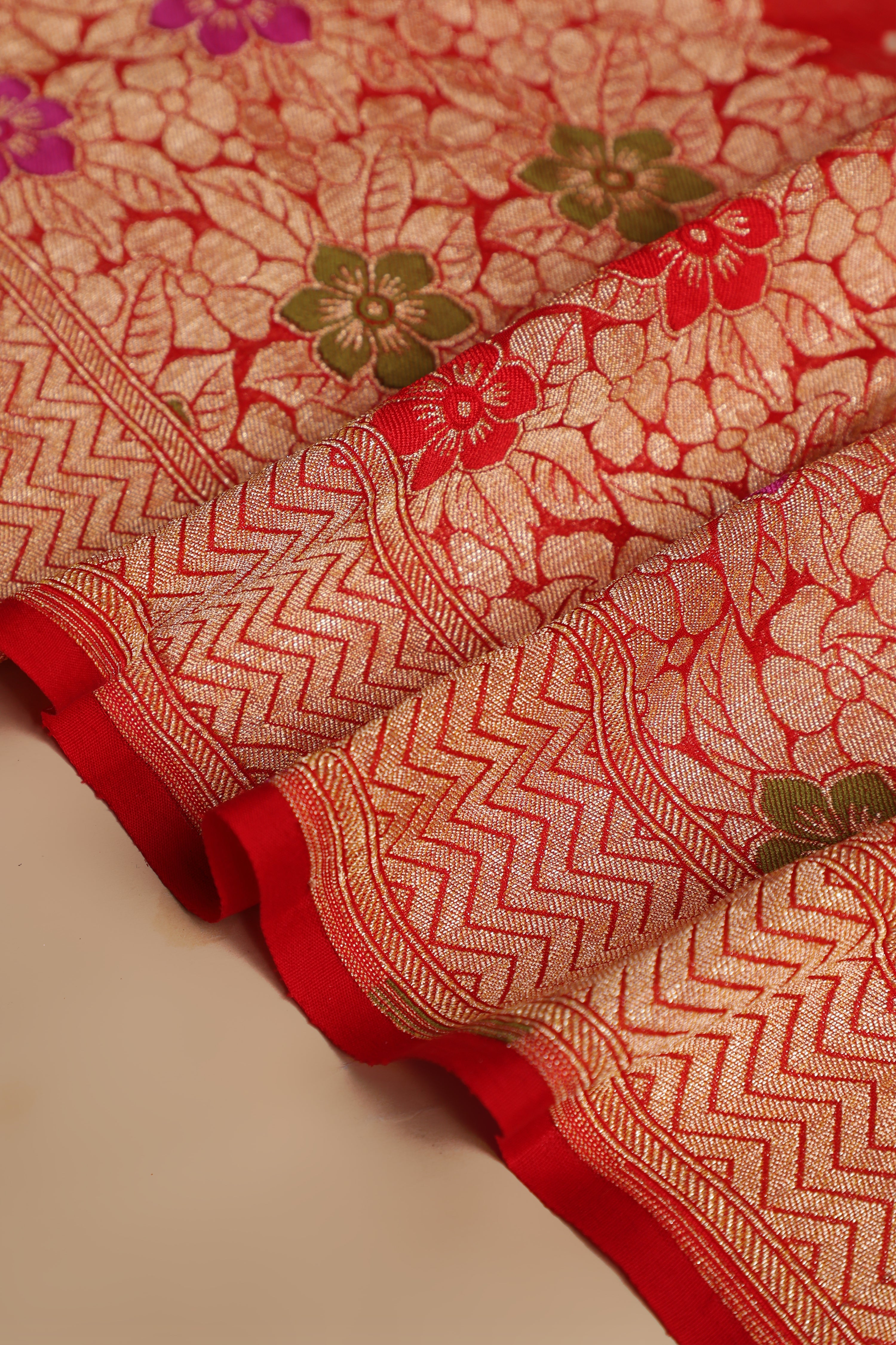 Pure Banarasi Georgette Khaddi Minakari Work Bandhej Saree - Cherry Red