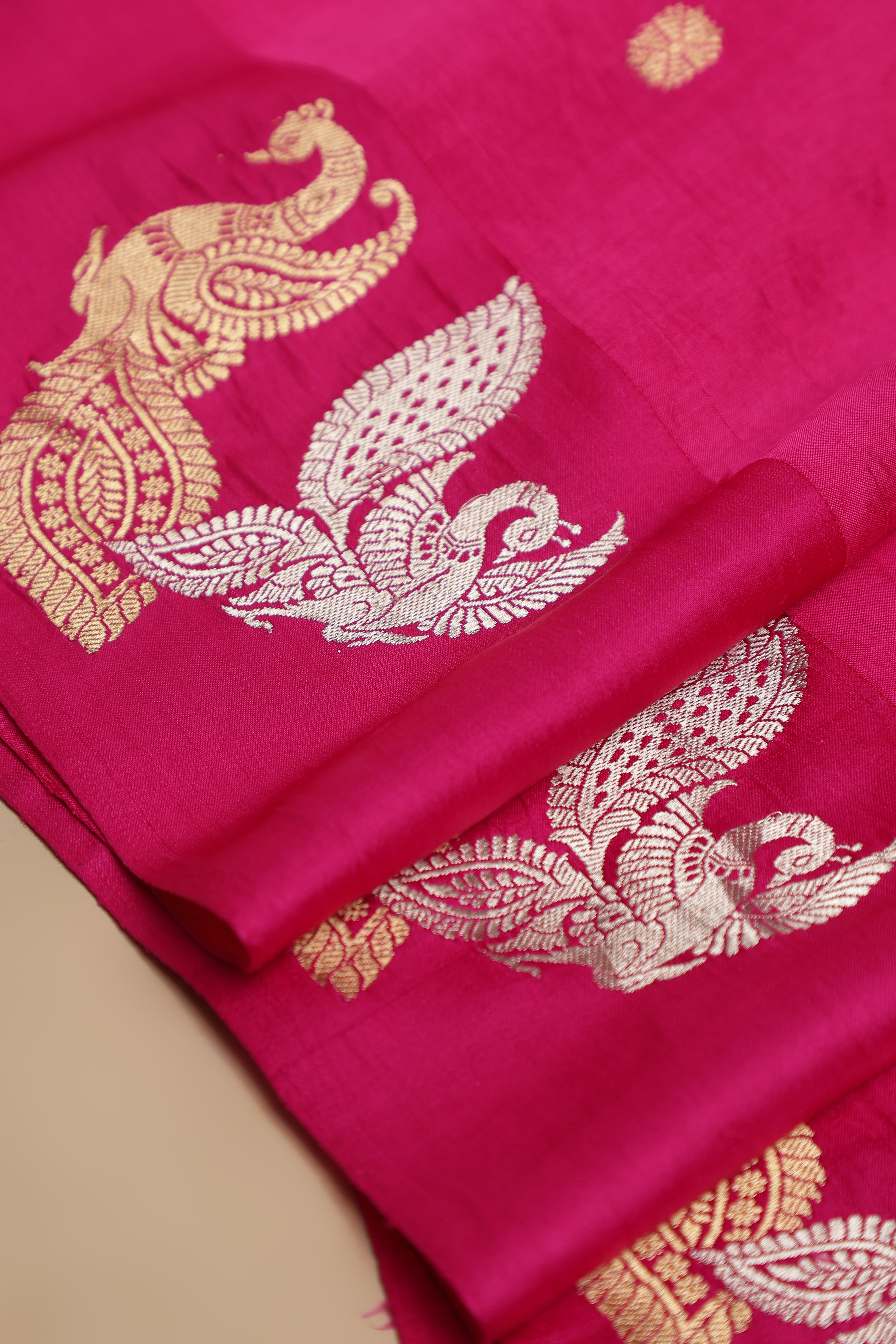 Pure Silk Katan Raw Mango Banarasi Saree - Rani Pink