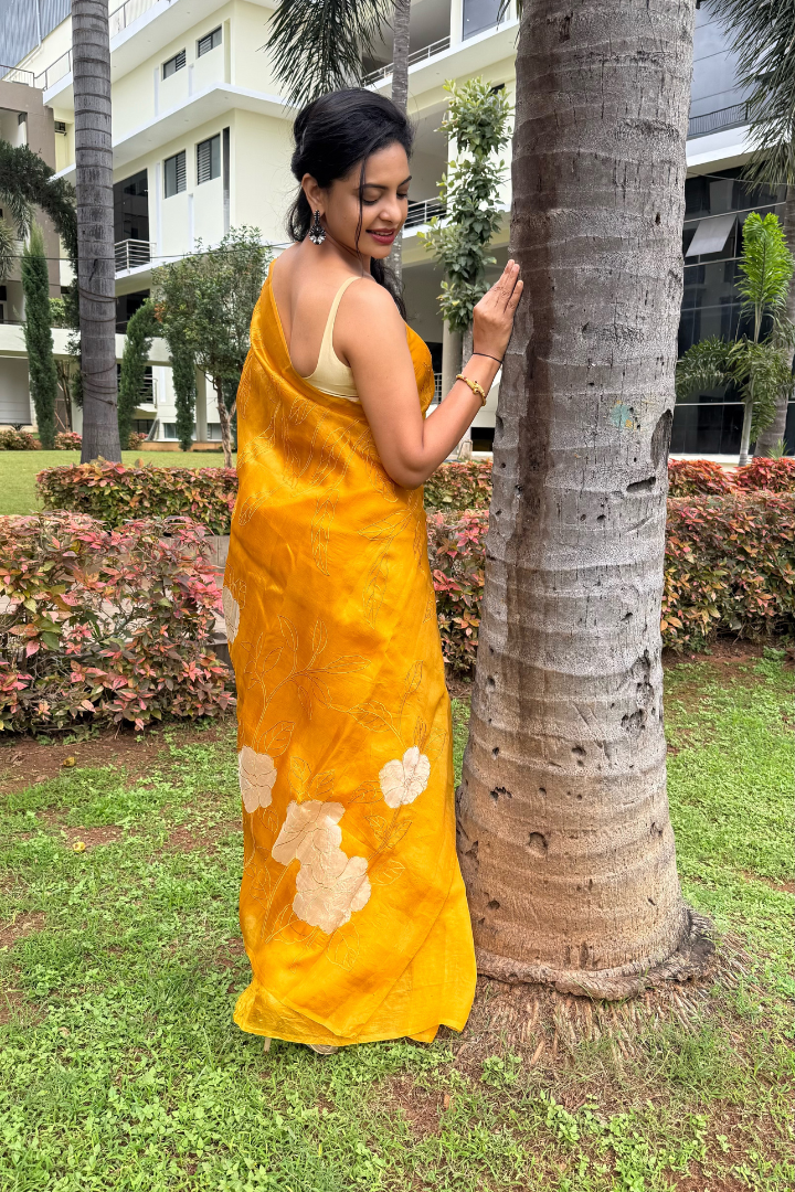 Banarasi silk Organza  tissue appliqué saree - Mustard yellow