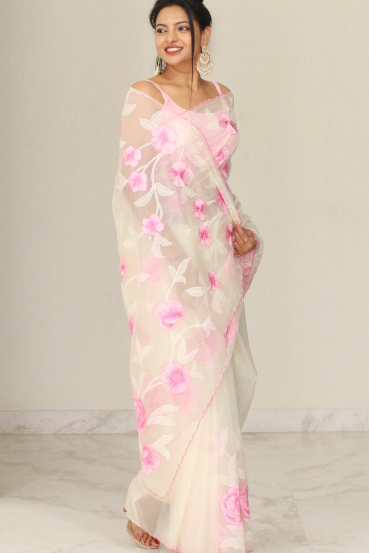 Banarasi Silk Organza Appliqué Saree - Ivory White Pink Appliqué