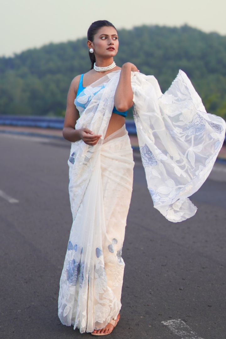 Banarasi Silk Organza Appliqué Saree - Ivory White Blue Appliqué