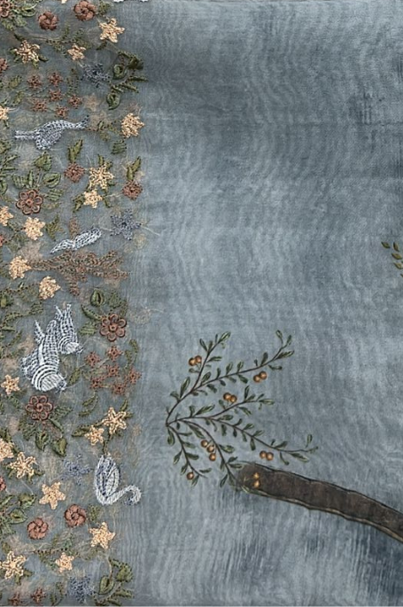 Banarasi Silk Organza Digital Print And Embroidery Saree - Grey
