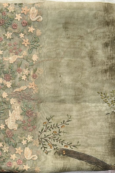 Banarasi Silk Organza Digital Print And Embroidery Saree - Grey