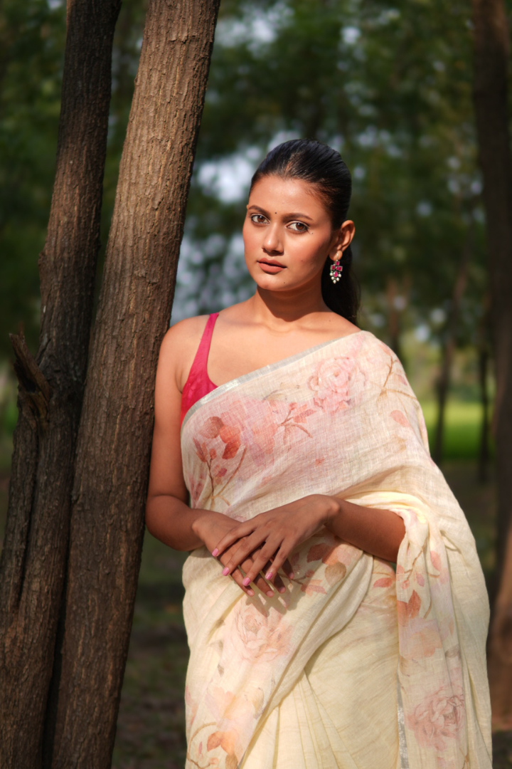 Banarasi silk linen digital printed saree - Yellow