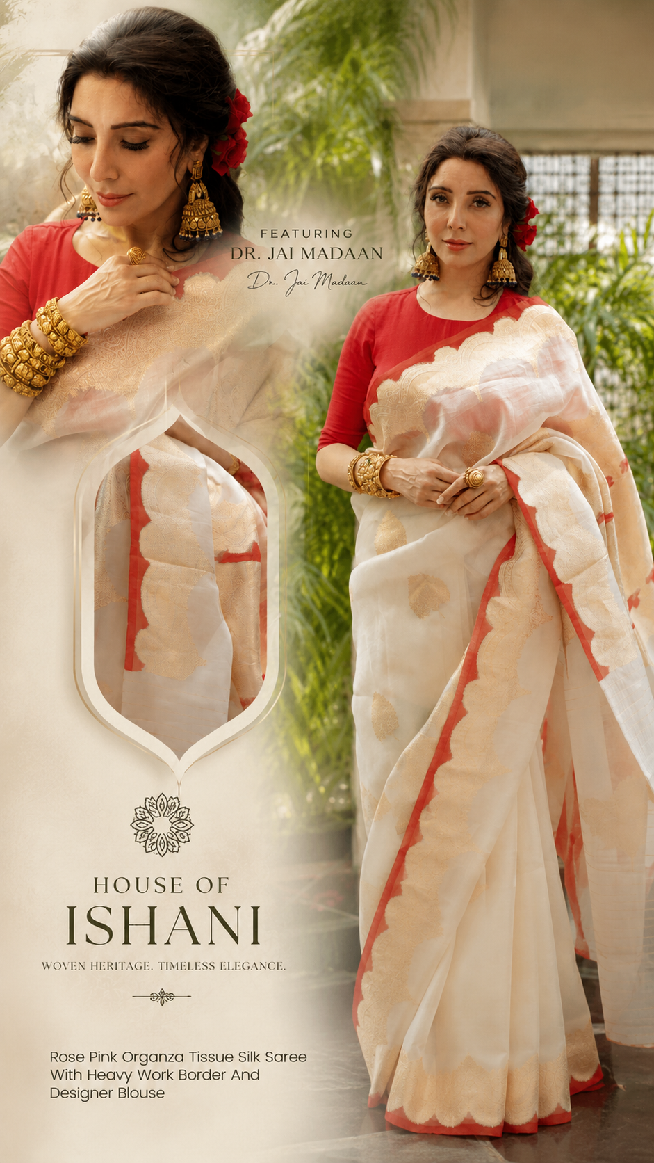 Pure silk banarasi organza kadhua Meena butti - Ivory Red & White