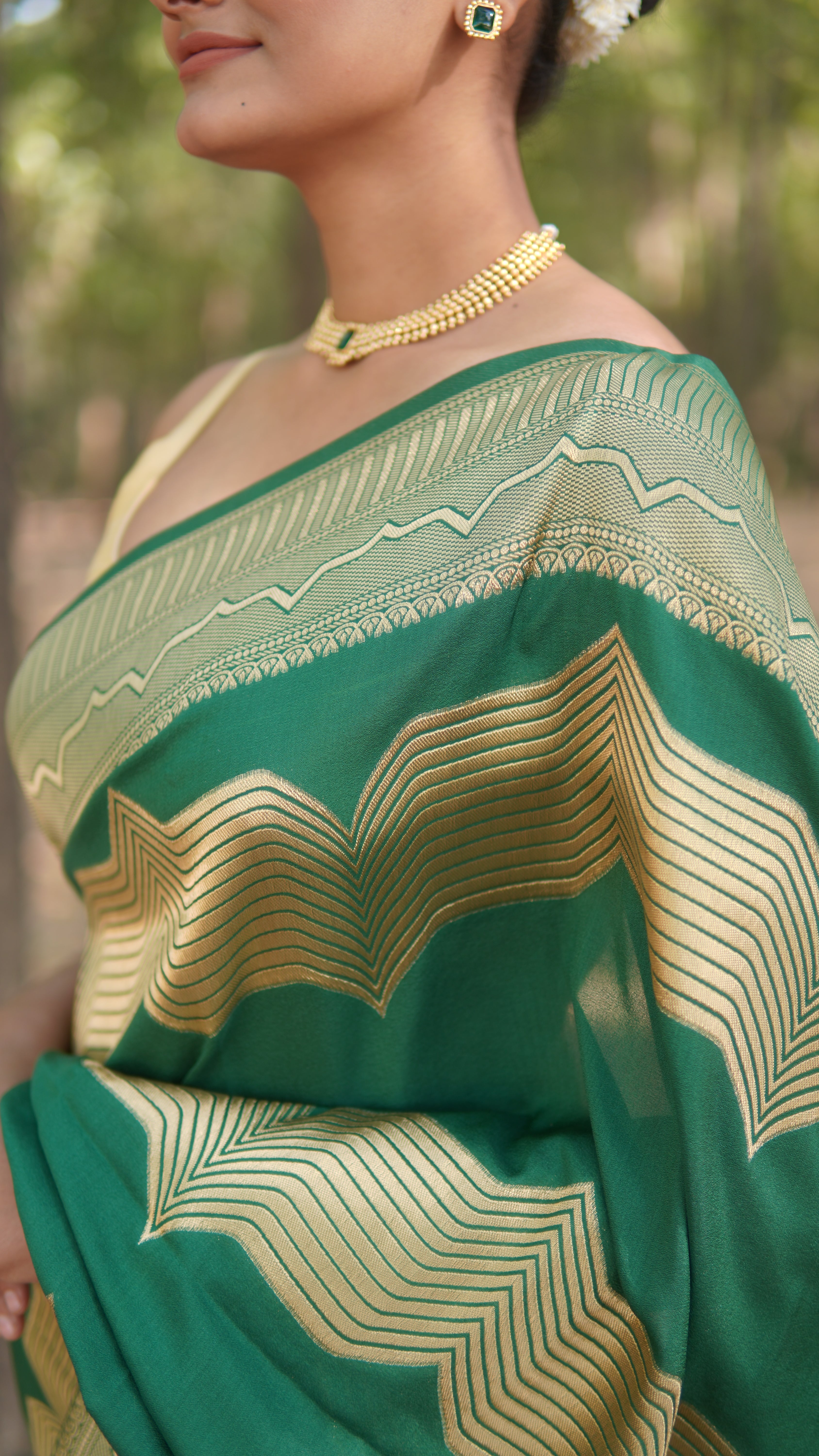 Banrasi katan stripe jari saree Emerald Green