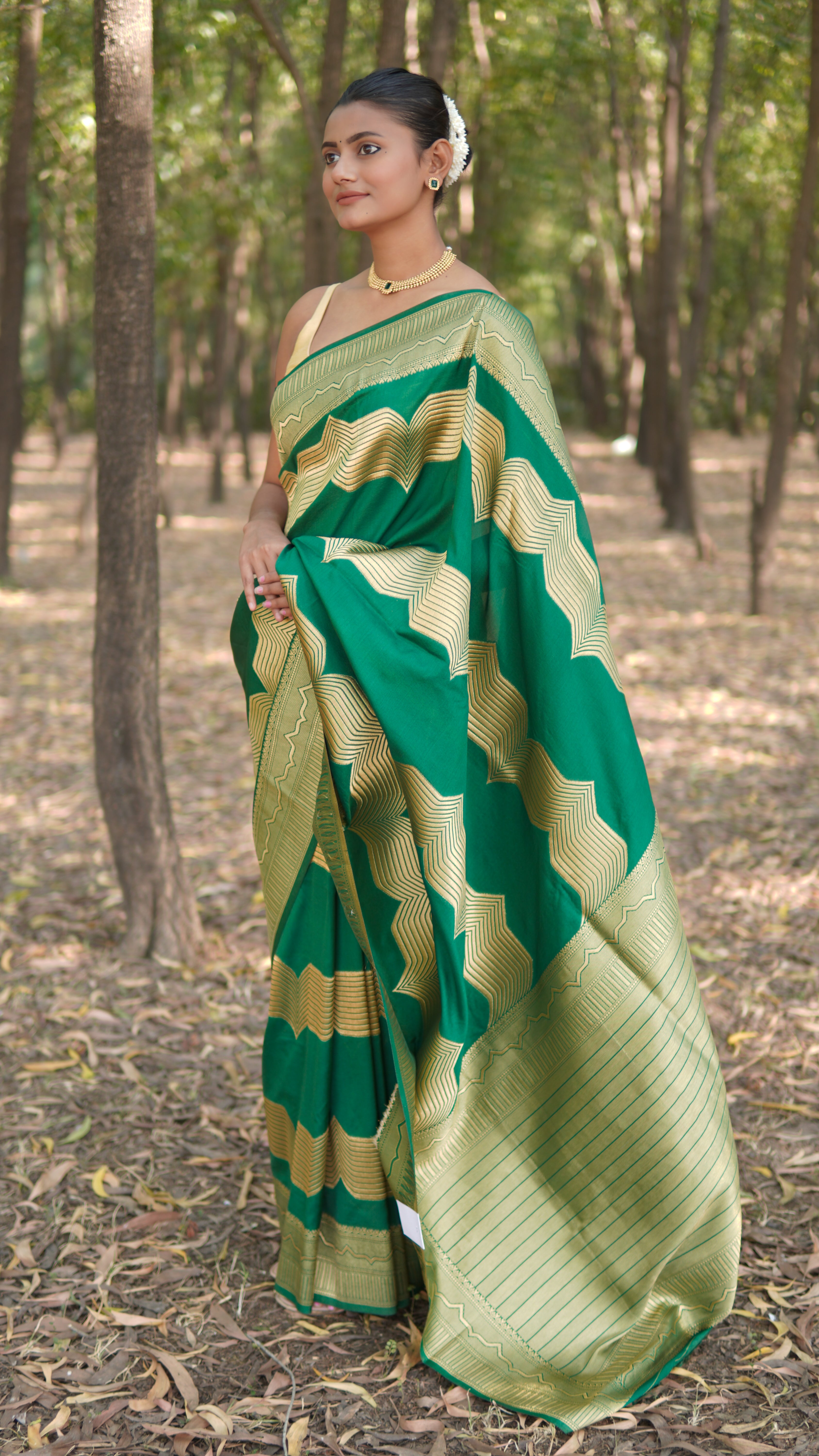 Banrasi katan stripe jari saree Emerald Green