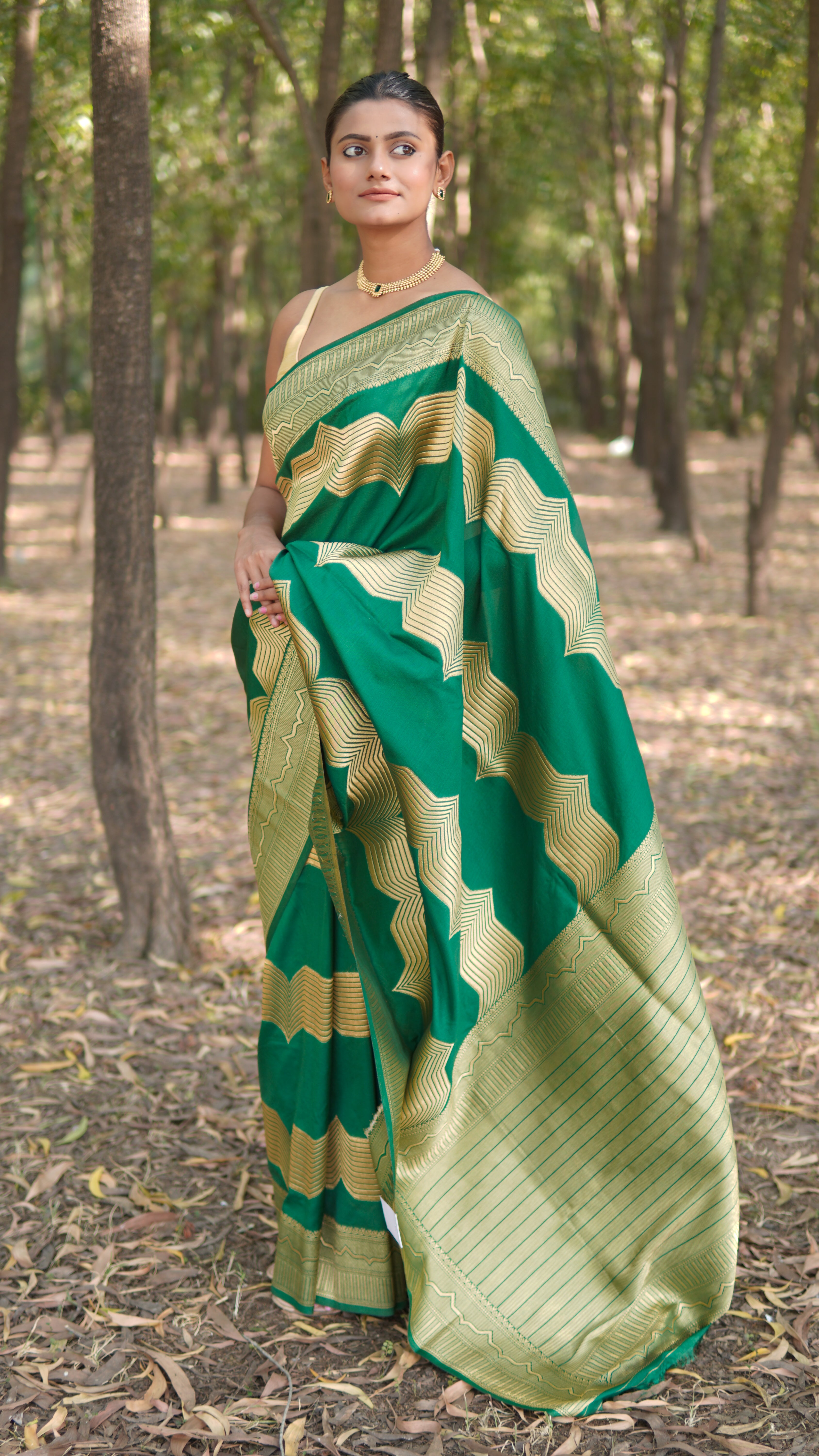 Banrasi katan stripe jari saree Emerald Green